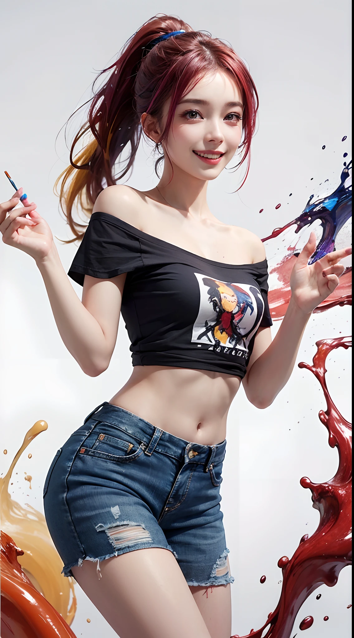 (solid background with vivid colored acrylic paint splashes:1.3), 1girl, (hair dyed with multiple colors, ponytail hair), (small fresh, wipe chest), (white off-shoulder fashion T-shirt), (), (Highest Image Quality, Masterpiece), (lovely smile, excited), (sometimes hold a cat in her arms:0.6), dynamic pose