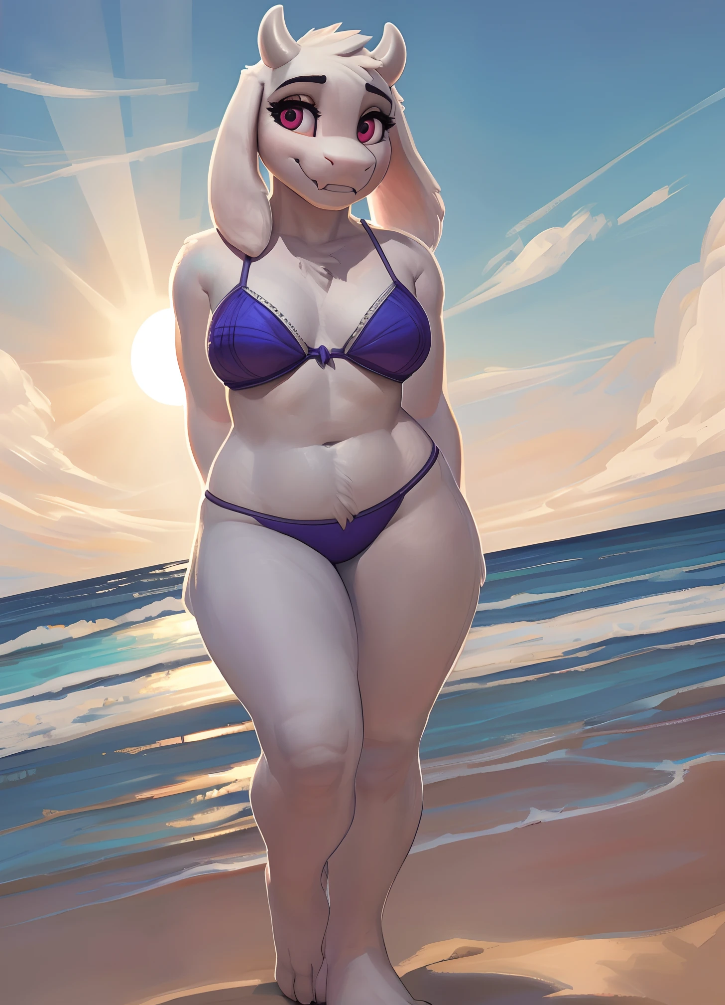 [toriel], [Undertale], [Uploaded to e621.net; (Pixelsketcher), (wamudraws), (woolrool)], ((masterpiece)), ((HD)), ((high quality)), ((solo portrait)), ((front view)), ((feet visible)), ((furry; anthro)), ((detailed fur)), ((detailed shading)), ((beautiful render art)), ((intricate details)), {anthro goat; white fur, white nose, cute maroon eyes, (short eyelashes), (short goat horns), short fluffy tail, (medium boobs), (gorgeous wide hips), (beautiful legs), (beautiful feet), (cute smile)}, {(purple bikini)), {(arms behind back), (standing), (pigeon-toed)}, [background; (beach), (beautiful ocean), (blue sky), (sun rays), (ambient lighting)]