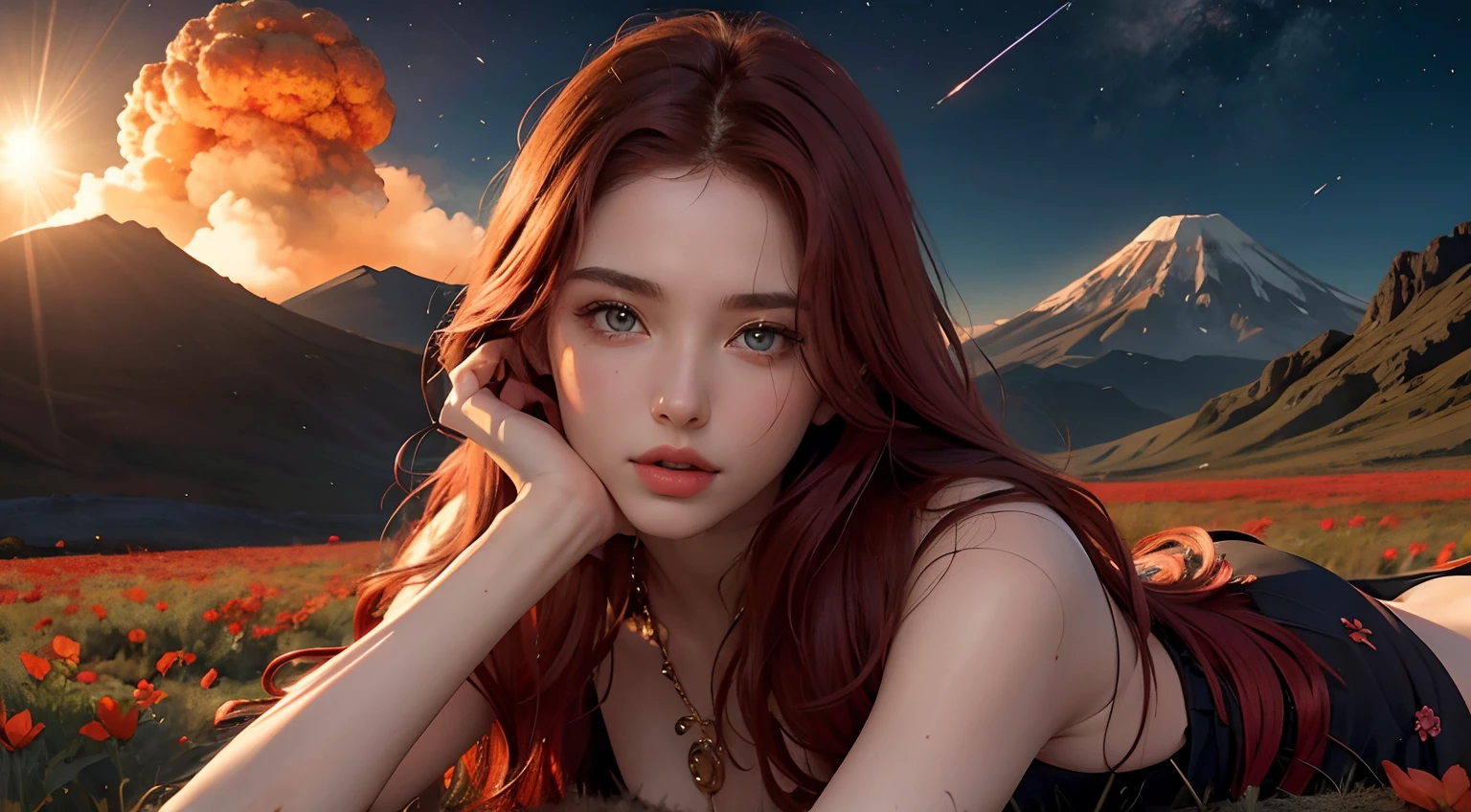 Sexy goddess，The facial features are extremely beautiful，body shape is slim，Red long-haired，Bigchest，long leges，Face the sky on your back，Lie in the flowers，artistic pose，Background with，a volcano erupts，War scenes，air raid，missile，Strange sky，Singular clouds，Close-up behind the sun