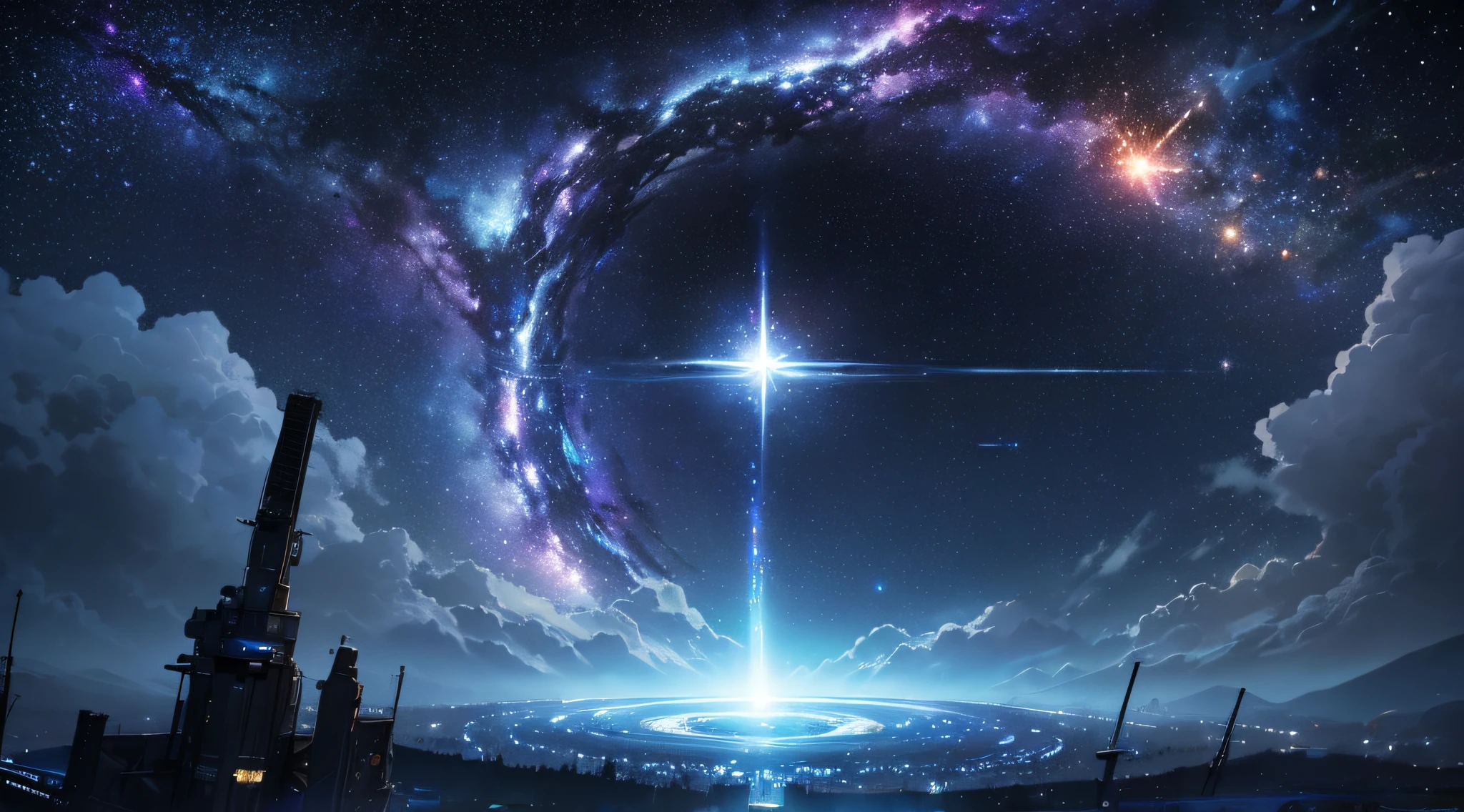 ​masterpiece、Background with((Fantastic starry sky、kosmos、Meteor swarm、black hole、Irridescent color))、Depth((Luminescent planets))、Looking up