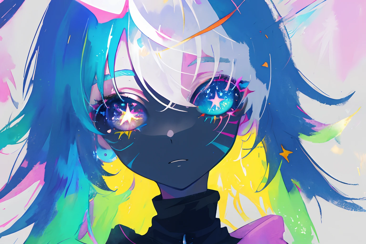 close-up, watercolor, vibrant, pastel, bright glowing pupils, big eyes, eyes, ((starry pupils)),  marks on face, face tattoos, scars, contrast, high contrast, dark streaks,