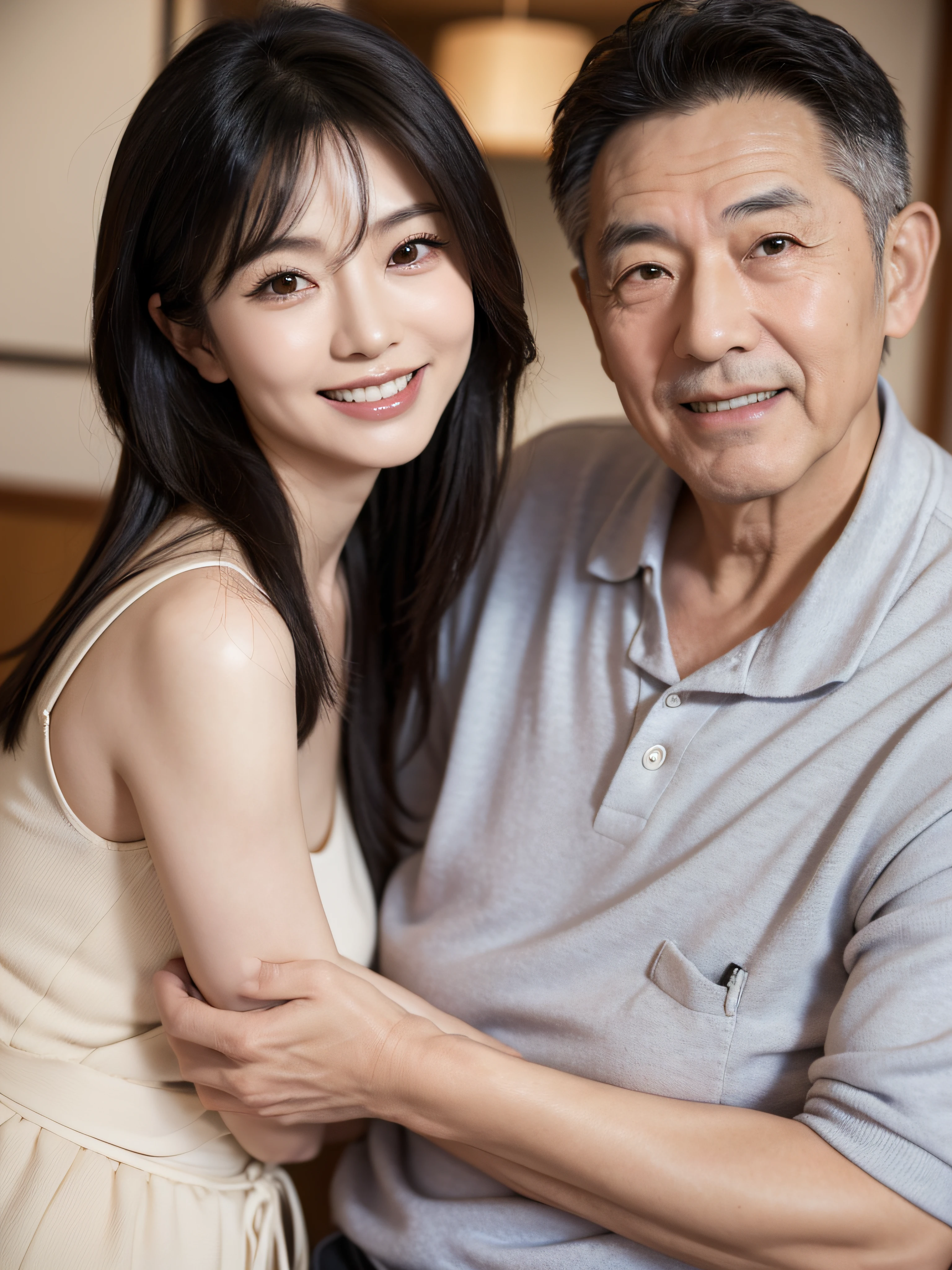 age difference man and woman japanese couple, photo of two people, Male in his 60s, Female in her 30s, cheek to cheek, at the city, Realistic teeth, double eyelids, smile, waist up shot