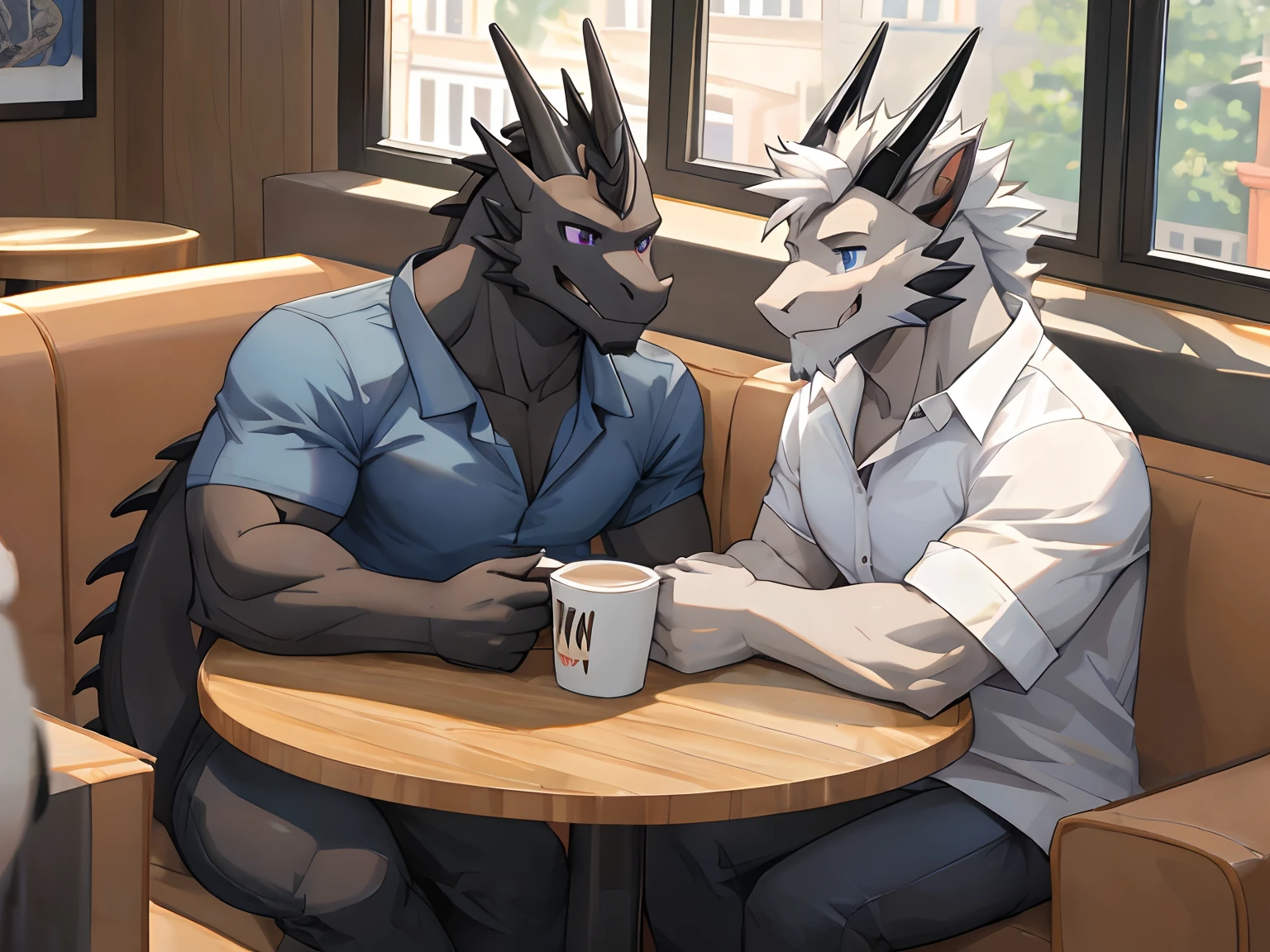 (Best Quality), 1Male, (Furry Gray Dragon), Blue Eyes, White Medium Hair, Casual Set, Black Casual Shirt, Muscular, Good Looking, 1Male, (Furry Black Dragon), Purple Eyes, Gray Medium Hair, Gray Facial Hair, Casual Set, White Casual Shirt, Good Looking, Muscular, ((Gray Dragon Drinking Coffee With Black Dragon)), Sitting in sofa, table, close to each other, Comfortable, Warm Feeling, Joy Expression, Smiling, Morning, Cafe Background.