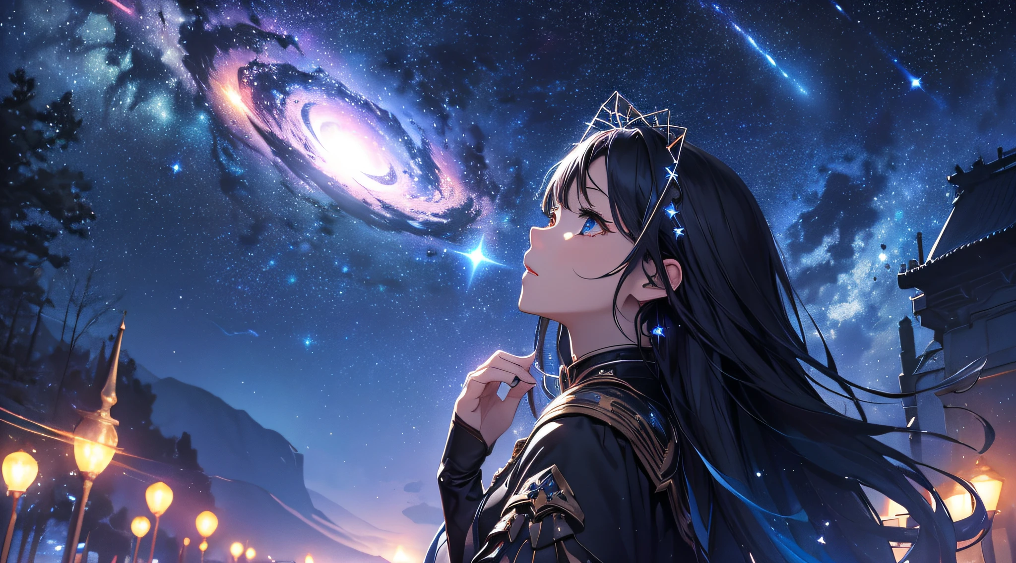 ​masterpiece、Background with((Fantastic starry sky、kosmos、Meteor swarm、black hole、Irridescent color))、Depth((Luminescent planets))、a beauty girl、Looking up