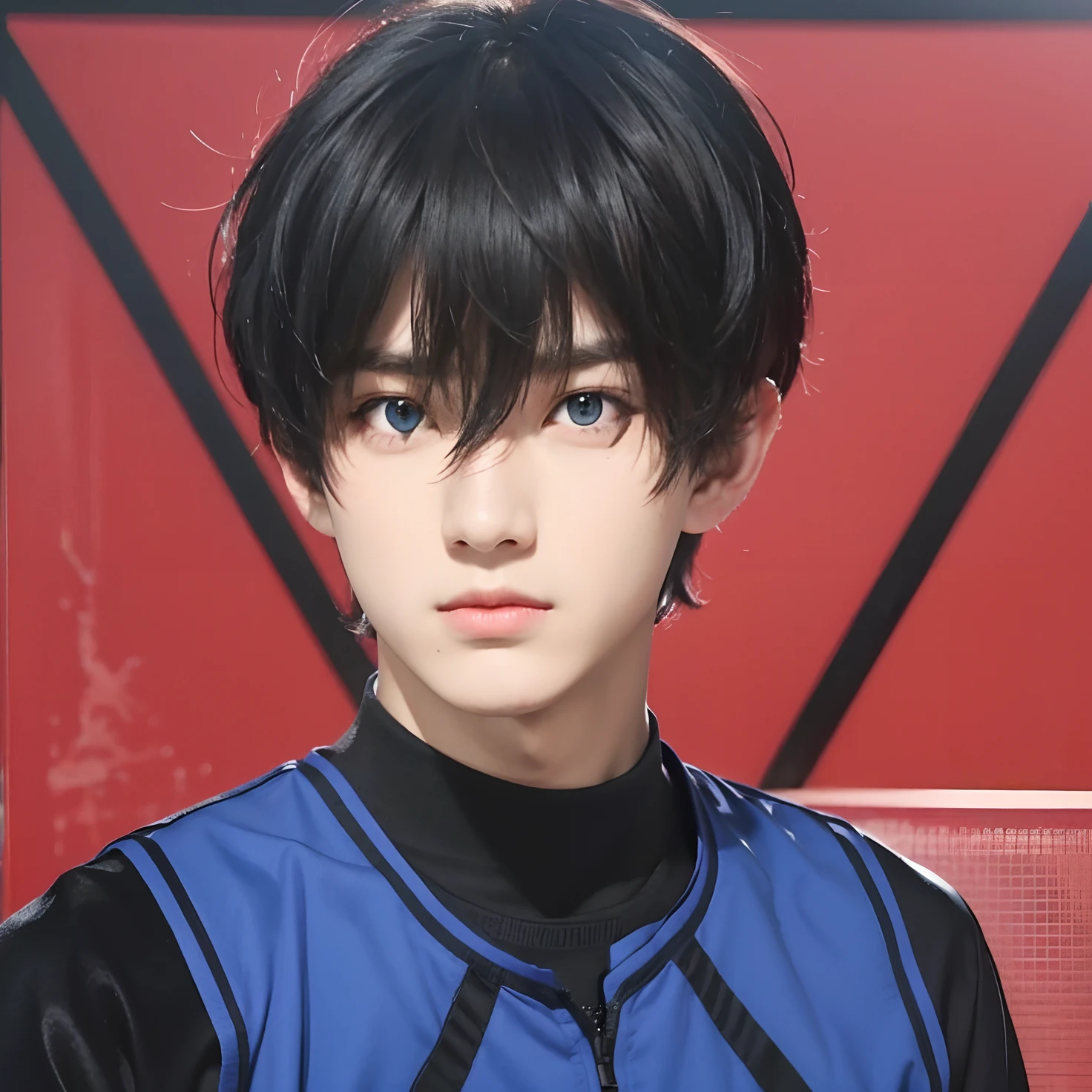 A teenage boy with realistic black hair, realistic dark blue eyes, exactly the same hairstyle, realistic triangular bangs, realistic Korean handsome face, realistic cool expression,Adapt clothes exactly the same,Realistic light, realistic shadows, realistic background