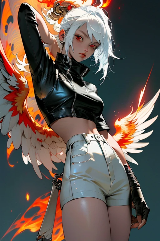(highly detailed, 4k, 8k, high resolutions, masterpiece:1.2), ultra-detailed, 1 girl with white hair, phoenix wings, and punk-style leather clothing, red eyes, and golden flames