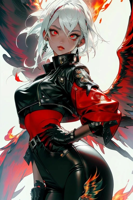 (highly detailed, 4k, 8k, high resolutions, masterpiece:1.2), ultra-detailed, 1 girl with white hair, phoenix wings, and punk-style leather clothing, red eyes, and golden flames