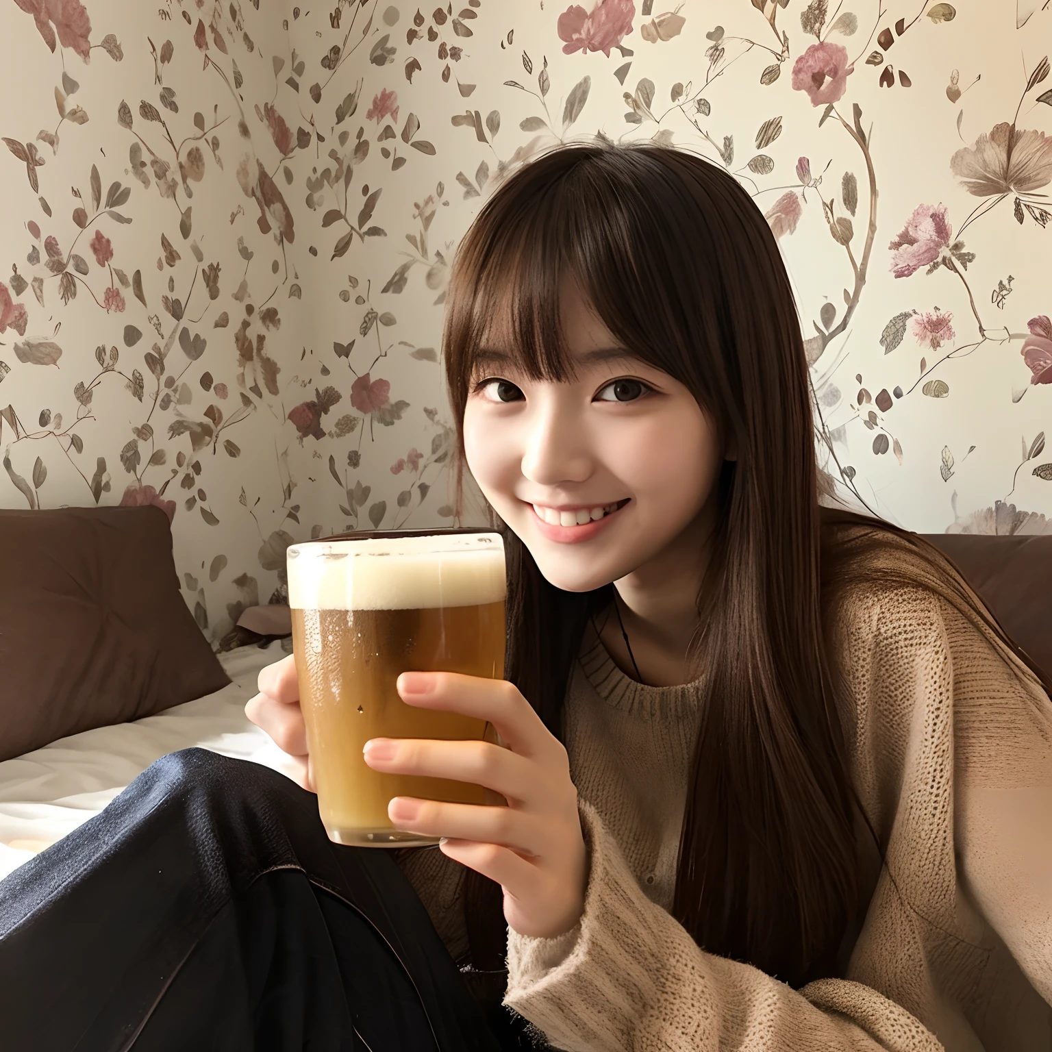 a beauty girl Amazing smile White Gal eyes large Brown hair straight haired japanes a bar counter Autumn clothes selfee piece sign