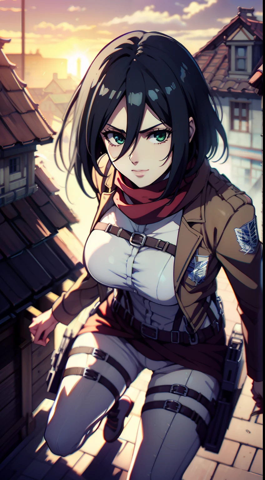 Frame from below, Photo below, view from bottom, Sexy, combat stance, half naked, shirt unbuttoned, Hesitate, Erotica, Super Epic Composition, aot style, Shingeki no Kyojin, mikasa ackerman, 1girl, in full height (Body Full 1.1), Hand strap, quiff, black  hair, Black pants, 가슴, green colored eyes, Hair between the eyes, turnstile, long sleeves, looks at the viewer, Average Breasts,, breeches, red scarf, a scarf, Shirt, Short Hair Hair, Roof of the city, roof, Sun, In the air, Holds blades in his hands, jump, Smoke, 独奏, hip belt, white  shirt, Scientific Research Building \(Emblem\), ((tmasterpiece)), beste-Qualit, Sex, hooligan, waist, legsupms, buttocks, 가슴, (Body Full 1.1), Camera from above, Frame from above, the night, Lights, looks at the viewer, ssmile, grin, criminal, laughting, Cool anime 8K, Clean and detailed anime art, 4K Manga Wallpapers, Подробный портрет Anime Girl, Anime 4K Style, Anime Art Wallpapers 4K, Anime Art Wallpaper 4K Masterpiece, Gorgeous, Best Quality,