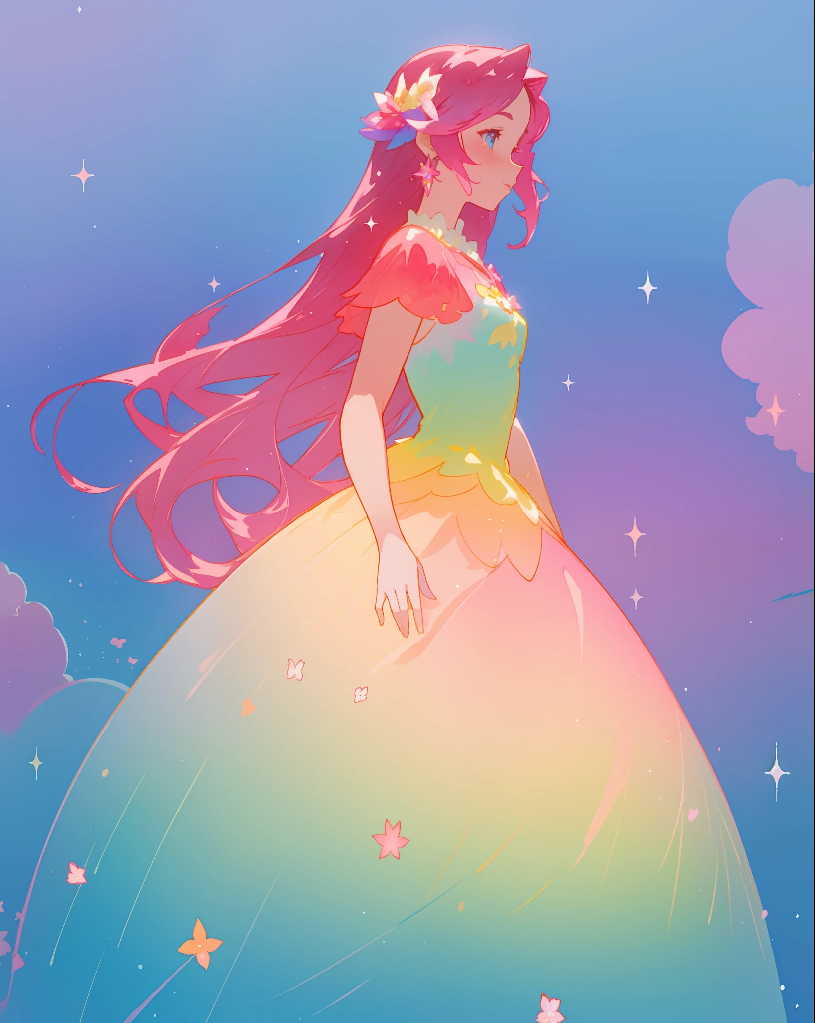beautiful girl in colorful gradient puffy ballgown, long flowing dark pink hair, colorful fantasia background, sparkling, watercolor illustration, disney art style, beautiful digital illustration, fantasia otherworldly landscape plants flowers, beautiful, masterpiece, best quality, anime disney style