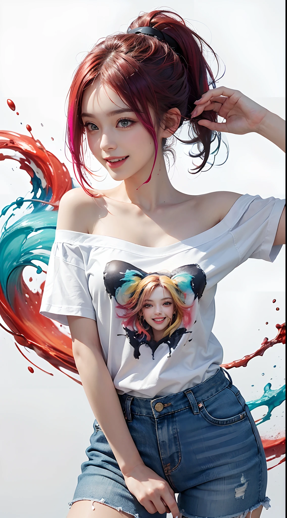 (solid background with vivid colored acrylic paint splashes:1.3), 1girl, (hair dyed with multiple colors, ponytail hair), (small fresh, wipe chest), (white off-shoulder fashion T-shirt), (), (Highest Image Quality, Masterpiece), (lovely smile, excited), (sometimes hold a cat in her arms:0.6), dynamic pose
