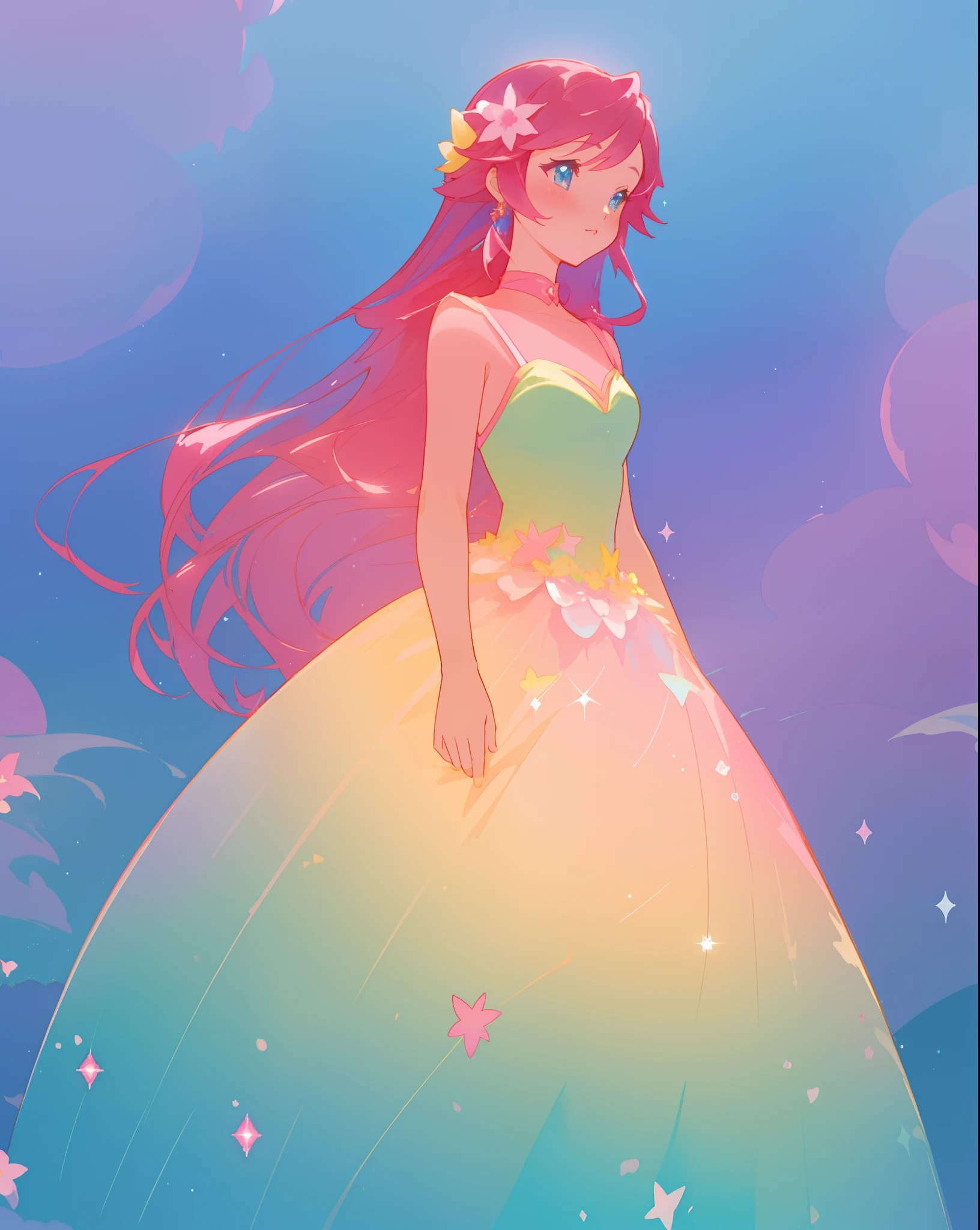 beautiful girl in colorful gradient puffy ballgown, long flowing dark pink hair, colorful fantasia background, sparkling, watercolor illustration, disney art style, beautiful digital illustration, fantasia otherworldly landscape plants flowers, beautiful, masterpiece, best quality, anime disney style