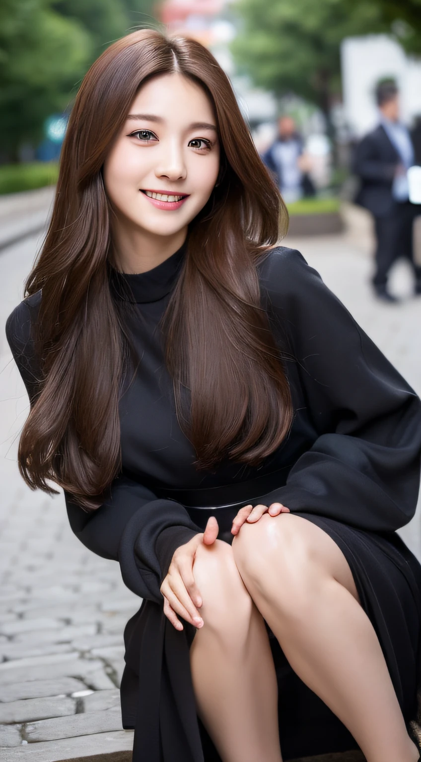 ((Best quality, 8k, Masterpiece :1.3)), 1girl, smiling, full body, slim face, Pretty woman, (Dark brown hair), full length dress :1.1, Ultra-detailed face, Detailed eyes, Double eyelid, blur background, slim face, city, outside, street,