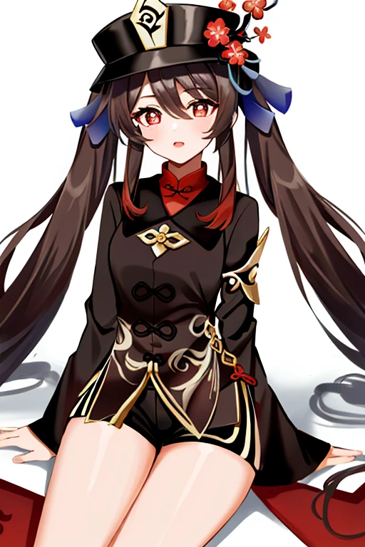 masterpiece, best quality,
1girl, hu tao (genshin impact), boo tao,hat, red eyes, twintails, brown hair, solo, symbol-shaped pupils, long hair,bangs, black shorts , chinese clothes,