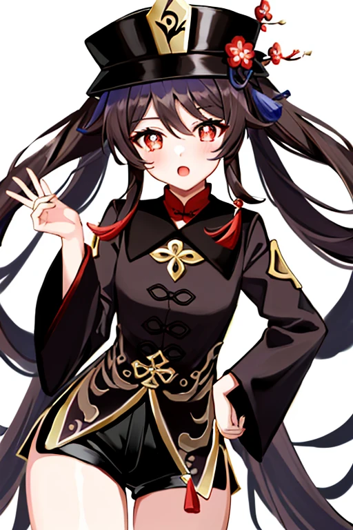 masterpiece, best quality,
1girl, hu tao (genshin impact), boo tao,hat, red eyes, twintails, brown hair, solo, symbol-shaped pupils, long hair,bangs, black shorts , chinese clothes,