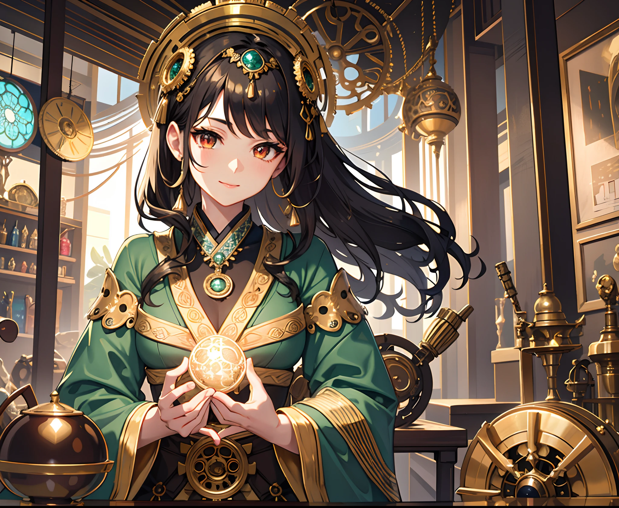 {{masterpiece}}, top-quality, Delicate background,Ultra-detailed CG Unity,8k wallpaper, lensflare, Detailed beautiful eyes,a 20 yo woman,dame,Longhaire,waved hair,curly hair,a serene smile,Black-red hair,Red eyes,Crochet Hut,Gear Costume,Brass surrounding the gemstone,Glittering Gemstones,Victorian,brass,Rust,steampunc,((Green Kimono)),Big,gear wheel,(Perfect Anatomy),Steampunk background,Magic shop,Large clock tower,Decadent,Brass Pipe,Gear wheel,A city with steam,perfect hand.