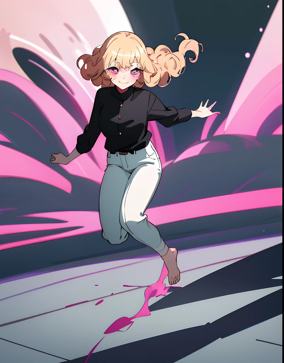 4K, Masterpiece, highres, absurdres,natural volumetric lighting and best shadows, deep depth of field, sharp focus, soft delicate beautiful attractive face,bisquedoll anime style ,[kitagawa marin|Nadia], 1girl, : blonde hair, pink eyes, slightly curly hair, long pants, black shirt, illustration, smiling, full body