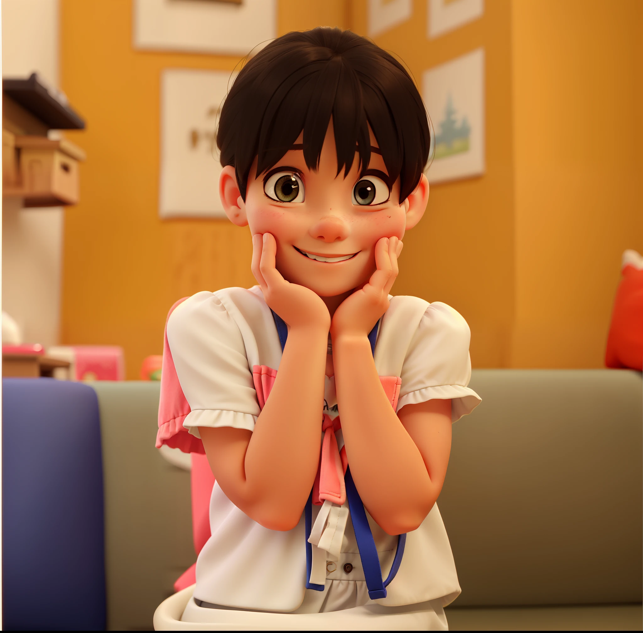 Little girl, holding her face in her hands, smiling happily
