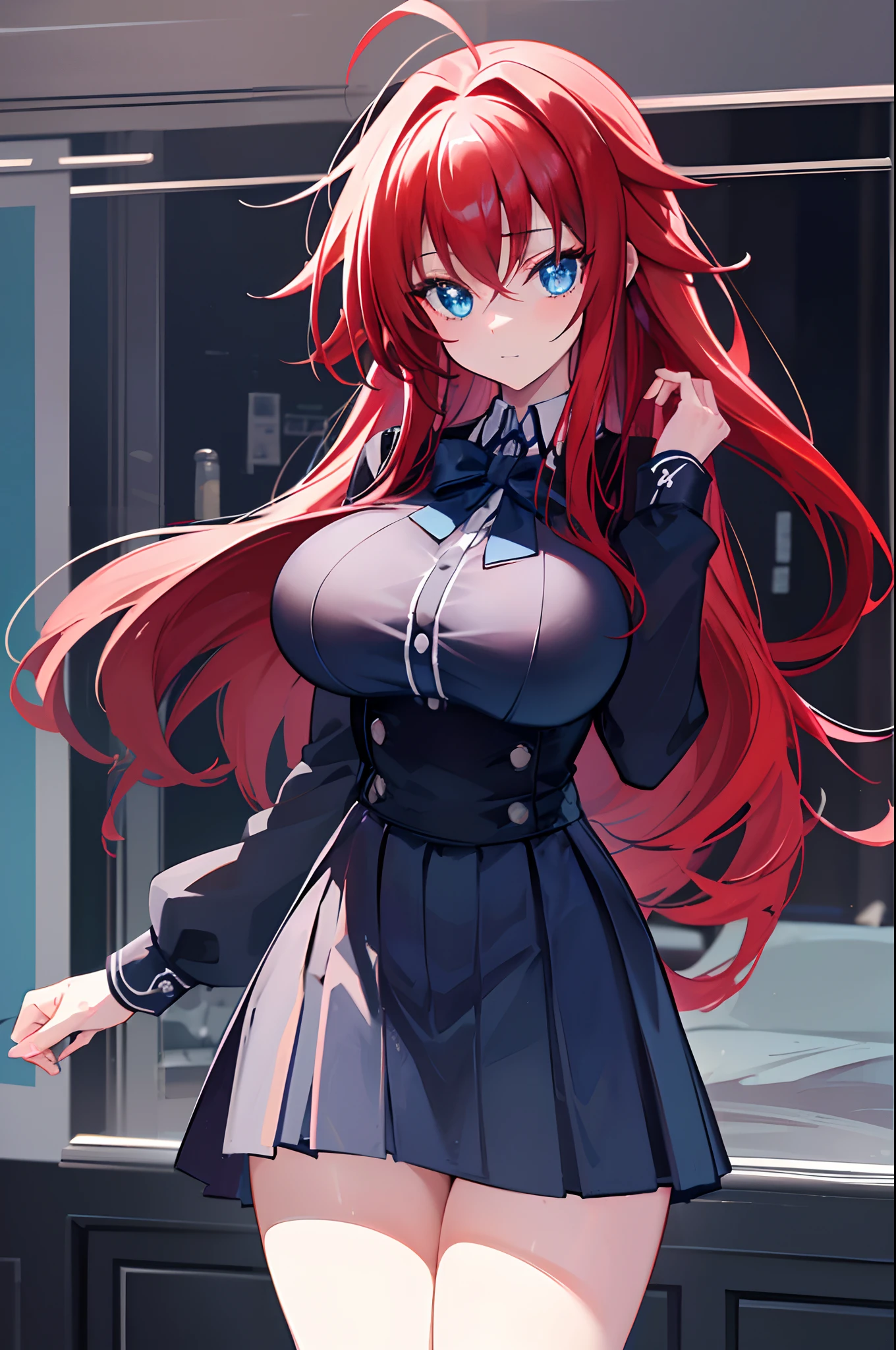 masterpiece, best quality, 1girl, long hair, looking at viewer, :3, cute, black school uniform, outdoors, streets, cowboy shot, large breasts, curvy, (((blue eyes))), rias gremory, red hair, antenna hair, wavy hair, ((beautiful detailed eyes, beautiful detailed glow, lots of glow)),