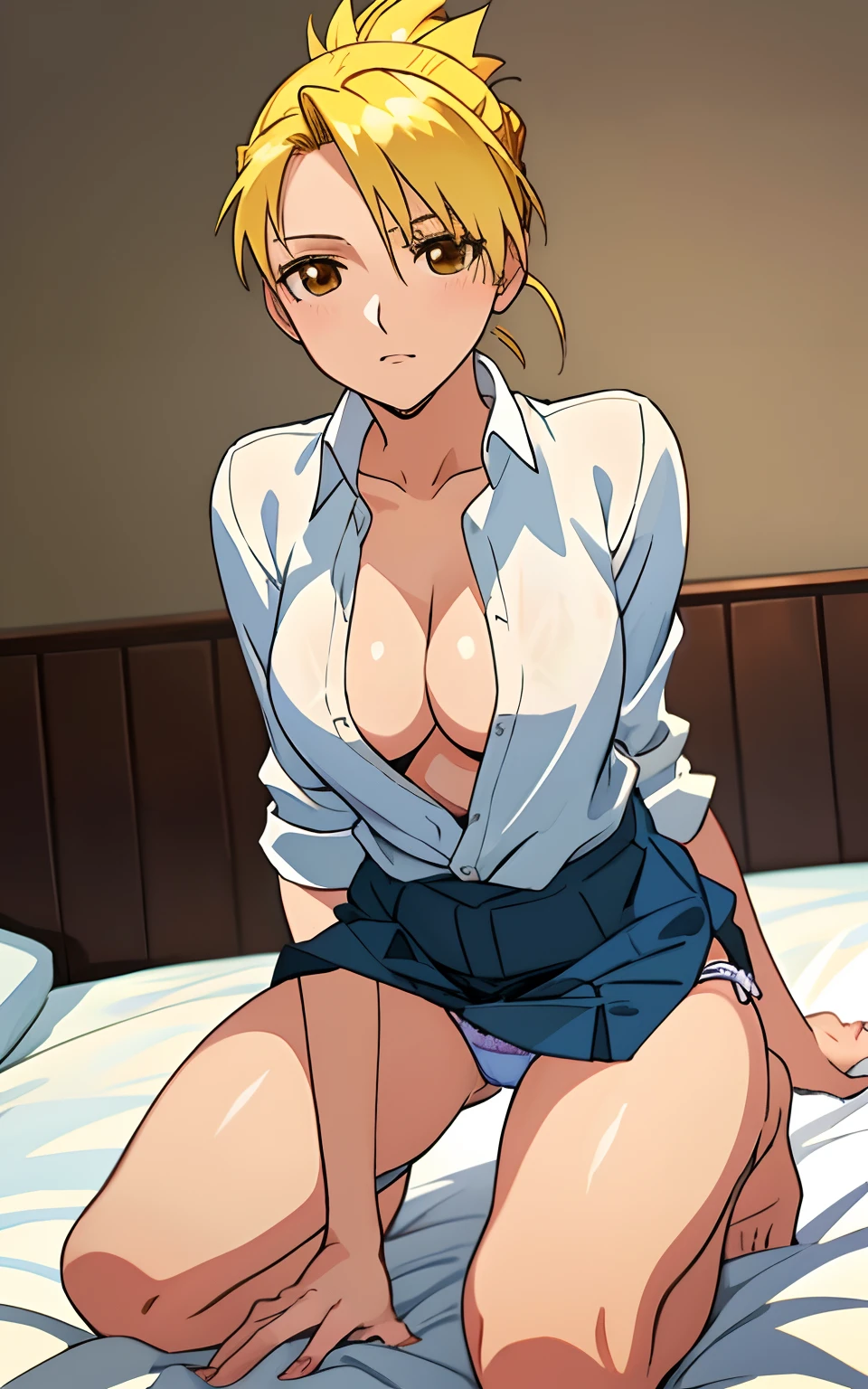 unparalleled masterpiece, 8k uhd, perfect artwork, mature woman, riza, blonde hair, brown eyes, hair up, photo, anime, (panties), white shirt, unbottoned shirt, no bra, cleavage, kneeling on bed