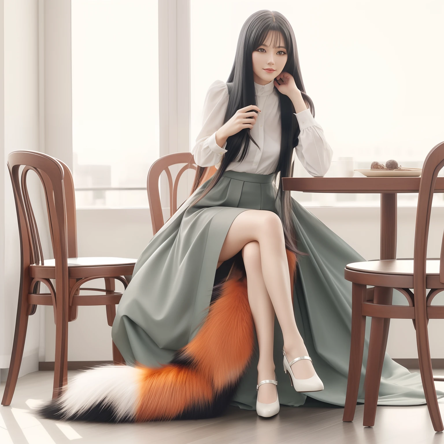 Long black-haired woman sitting at table with fox tail, Bushy tail, a picture, top-quality