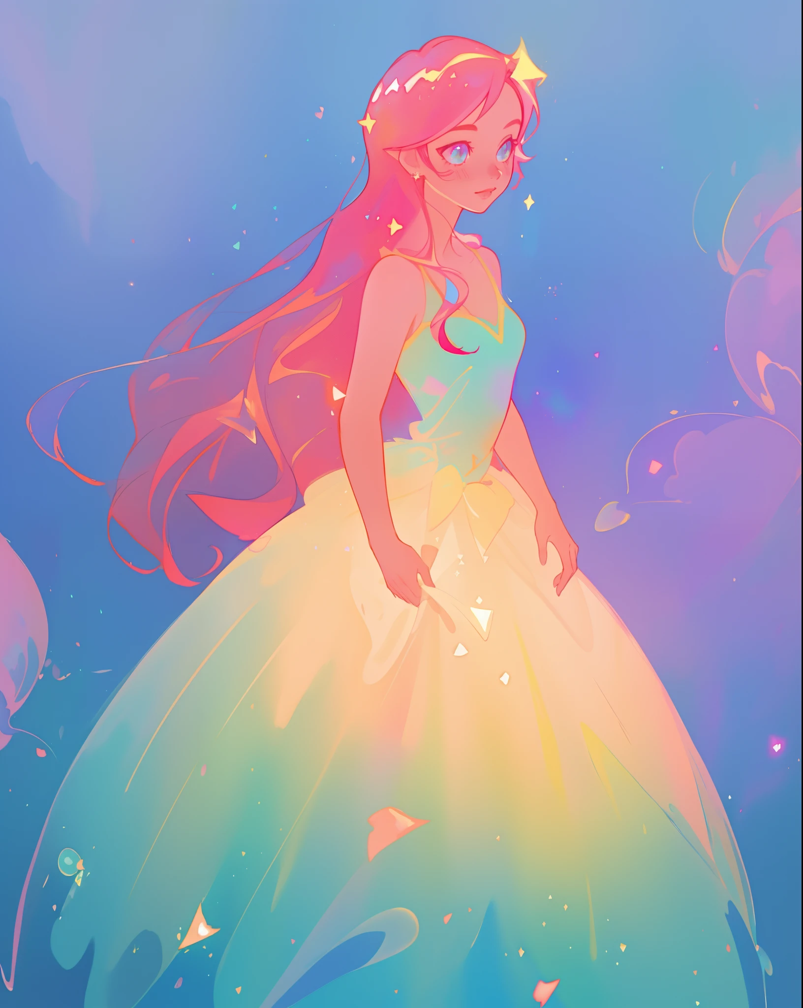 beautiful girl in sparkling gradient ballgown, long wavy peach pink hair, vibrant pastel colors, (colorful), colorful watercolor background, ethereal, magical lights, sparkling liquid light, inspired by Glen Keane, inspired by Lois van Baarle, disney art style, by Lois van Baarle, glowing aura around her, by Glen Keane, jen bartel, glowing lights! digital painting, flowing glowing hair, glowing flowing hair, beautiful digital illustration, fantasia background, whimsical, magical, fantasy, beautiful face, ((masterpiece, best quality)), intricate details, highly detailed, sharp focus, 8k resolution, sparkling detailed eyes, liquid watercolor