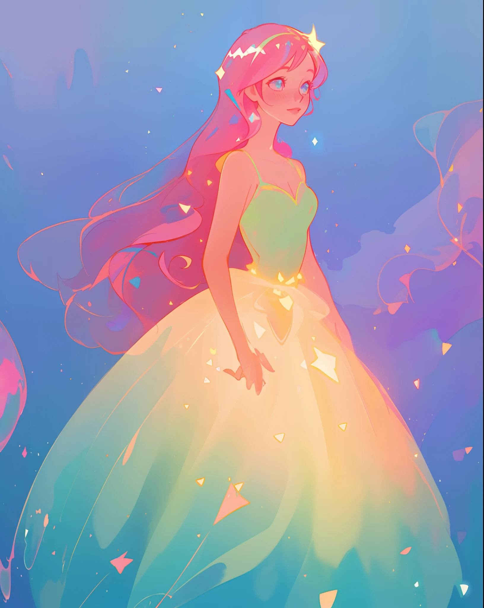 beautiful girl in sparkling gradient ballgown, long wavy peach pink hair, vibrant pastel colors, (colorful), colorful watercolor background, ethereal, magical lights, sparkling liquid light, inspired by Glen Keane, inspired by Lois van Baarle, disney art style, by Lois van Baarle, glowing aura around her, by Glen Keane, jen bartel, glowing lights! digital painting, flowing glowing hair, glowing flowing hair, beautiful digital illustration, fantasia background, whimsical, magical, fantasy, beautiful face, ((masterpiece, best quality)), intricate details, highly detailed, sharp focus, 8k resolution, sparkling detailed eyes, liquid watercolor