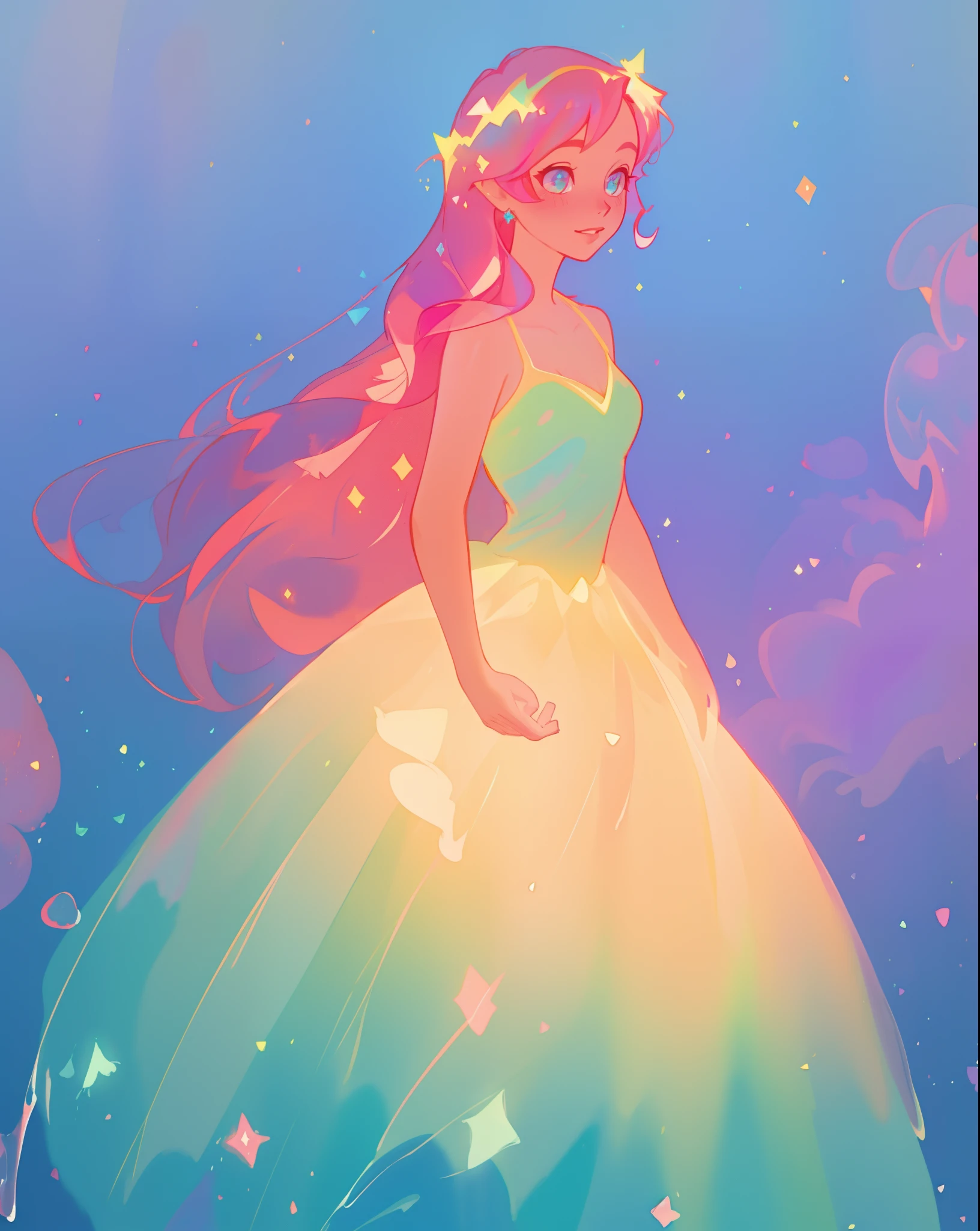 beautiful girl in sparkling gradient ballgown, long wavy peach pink hair, vibrant pastel colors, (colorful), colorful watercolor background, ethereal, magical lights, sparkling liquid light, inspired by Glen Keane, inspired by Lois van Baarle, disney art style, by Lois van Baarle, glowing aura around her, by Glen Keane, jen bartel, glowing lights! digital painting, flowing glowing hair, glowing flowing hair, beautiful digital illustration, fantasia background, whimsical, magical, fantasy, beautiful face, ((masterpiece, best quality)), intricate details, highly detailed, sharp focus, 8k resolution, sparkling detailed eyes, liquid watercolor