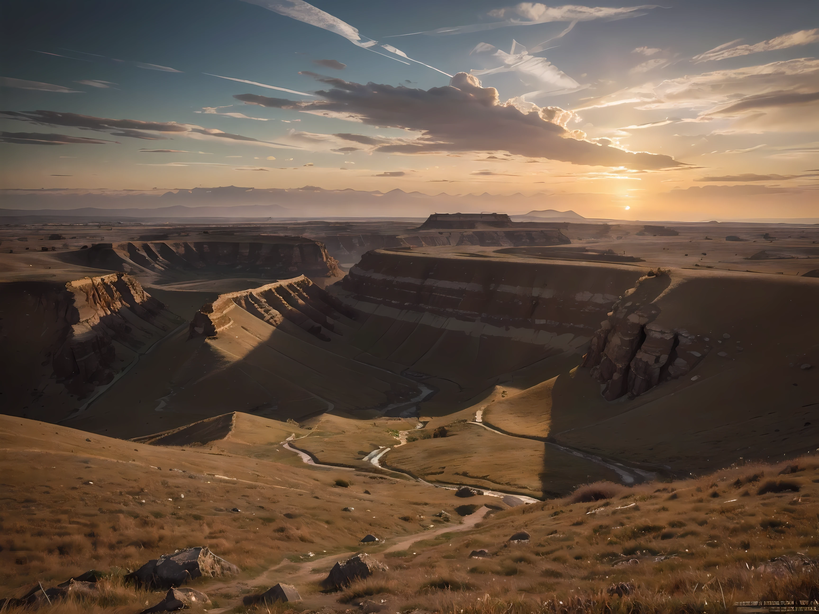 (best quality,4k,8k,highres,masterpiece:1.2),ultra-detailed,(realistic,photorealistic,photo-realistic:1.37),plateau,apocalyptic atmosphere,sunset,cliff

Here's a high-quality picture，Perfectly presented with a view of a plateau。The picture contains a vast plateau，It gives a sense of openness and vastness。The whole scene emphasizes a post-apocalyptic atmosphere，By blending a sense of apocalypse and a view of the plateau，conveys a heavy and sad emotion。The setting sun reflects the whole scene，It gives a feeling of warmth and softness。The plateau cliffs at sunset give you the feeling of looking up，It adds a sense of layering and drama to the picture。In this high-quality picture，Every detail is extremely precise and realistic，The handling of transmitted light and the details of the object，The elements in the picture present a professional-grade artistic effect。The whole picture is full of realism and the same texture as the photo，Delicate textures and detailed depictions create a realistic and vivid world。There is no obvious artistic style here，In its place is a portrayal of reality and a restoration of the situation。The whole scene is based on natural colors，All while retaining the warmth and softness of the sunset，It gives a sense of peace and warmth。And the scene full of sunlight gives the whole picture a bright and blazing light，Enhances the overall lighting effect，Creates a bright and dazzling atmosphere。