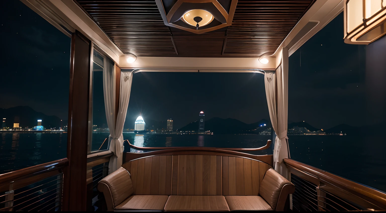 a hyper realistic photography of Aqua Luna Cruise at night in hong kong, no people, Nikon D850 DSLR 4k camera, 100mm lens, F 1.2 aperture setting, bright and natural lighting, vibrant, fun and relaxing atmosphere