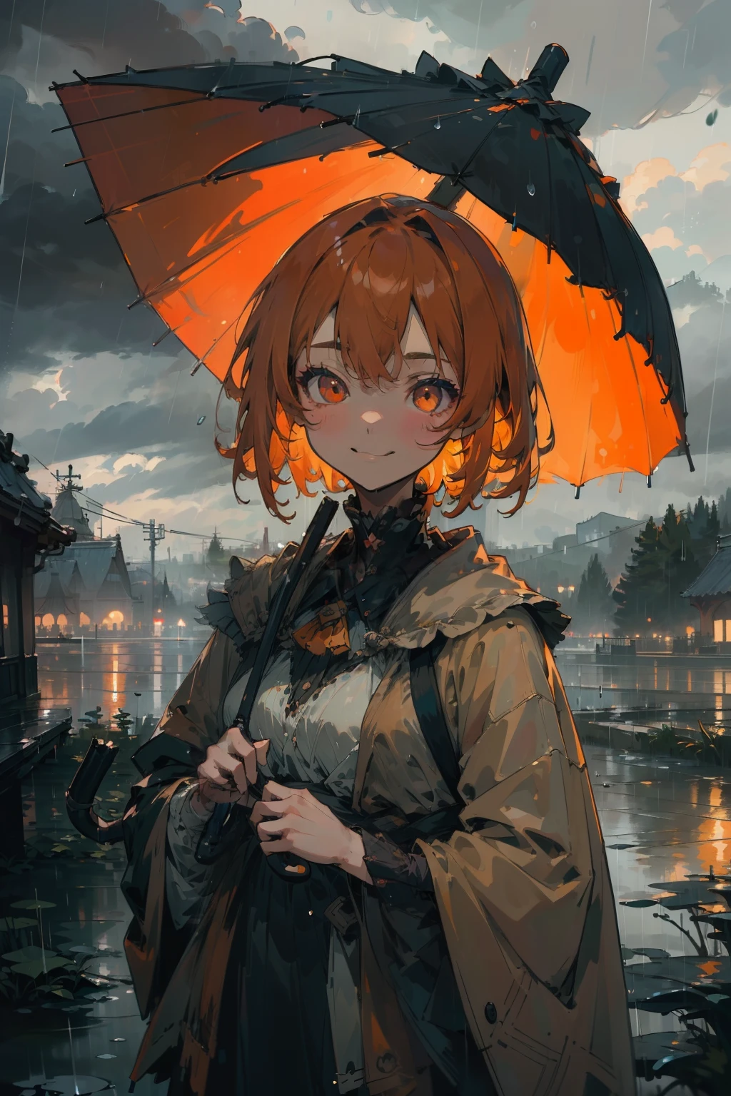 (Masterpiece:1.4, best quality:1.5, ultra-detailed:1.5,4k,HiRes), (impressionism:1.4),1girl, solo, orange hair, short hair, shoulder-length hair, straight hair, orange eyes, round eyes, street fashion, ((raining)), in the night, ((cloudy)), dark, seeing a viewer, holding an umbrella, ((((handing over an umbrella)))), ((((put one's hand forward)))), in the staris, in the rain, ((dark clouds)), ((detail face)), ((a cold smile)), (((looking straight ahead)))