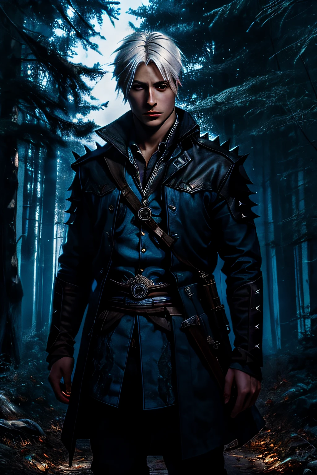 young male, solo, short spikey white hair, glowing blue eyes, blue assassin, holding weapon, assassin, highest quality, standing in a dark mystical forest,