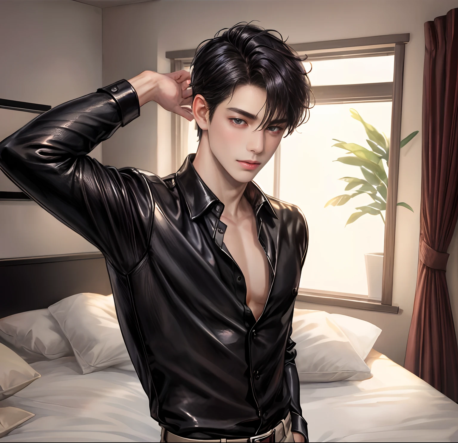masterpiece、4K、twinks、Photorealistic One Boy, {One man very handsome}, Unbutton your black leather shirt a little:0.8, blushed face:1.8, Looking at Viewer, Short black hair, {masutepiece}, Bedrooms