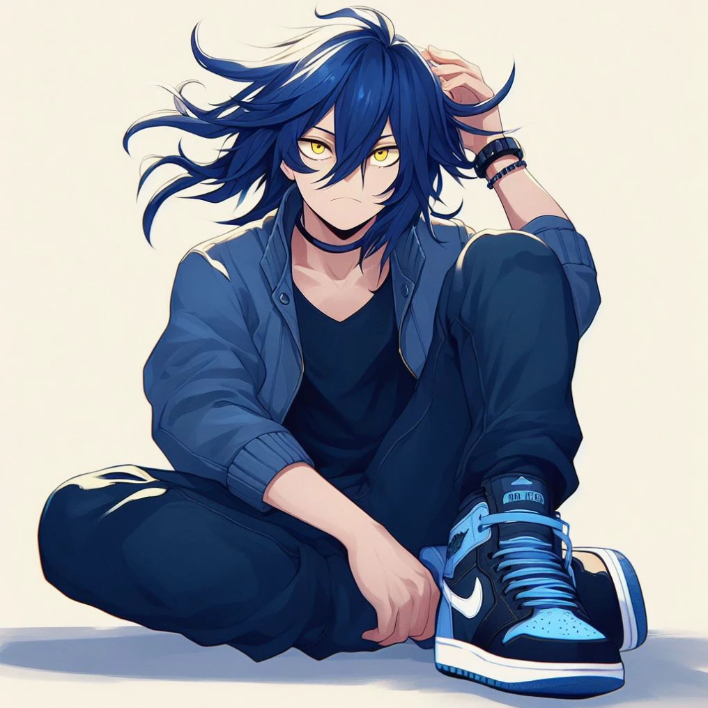 Anime - style image of a boy with blue hair sitting on the floor, 2 d estilo anime, menino anime, personagem estilo anime, estilo anime muito moderno, jovem homem de anime, estilo anime moderno, 2 d anime, em estilo anime, personagem de anime, em estilo anime, pose de anime bonito, arte anime de alta qualidade, estilo anime masculino, estilo anime