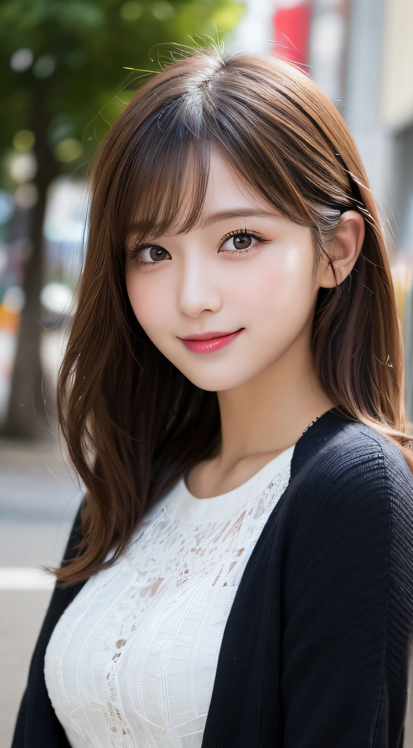 Tabletop, Highest quality, figure, Super detailed, In detail, High resolution, 8k wallpaper, Perfect dynamic composition, Beautiful attention to detail, Autumn fashion for women,Wavy Hair,Huge boobs、Natural color lip, Bold sexy pose,smile,Harajuku、20-year-old girl、cute、sexy shot looking at camera、Close-up of face
