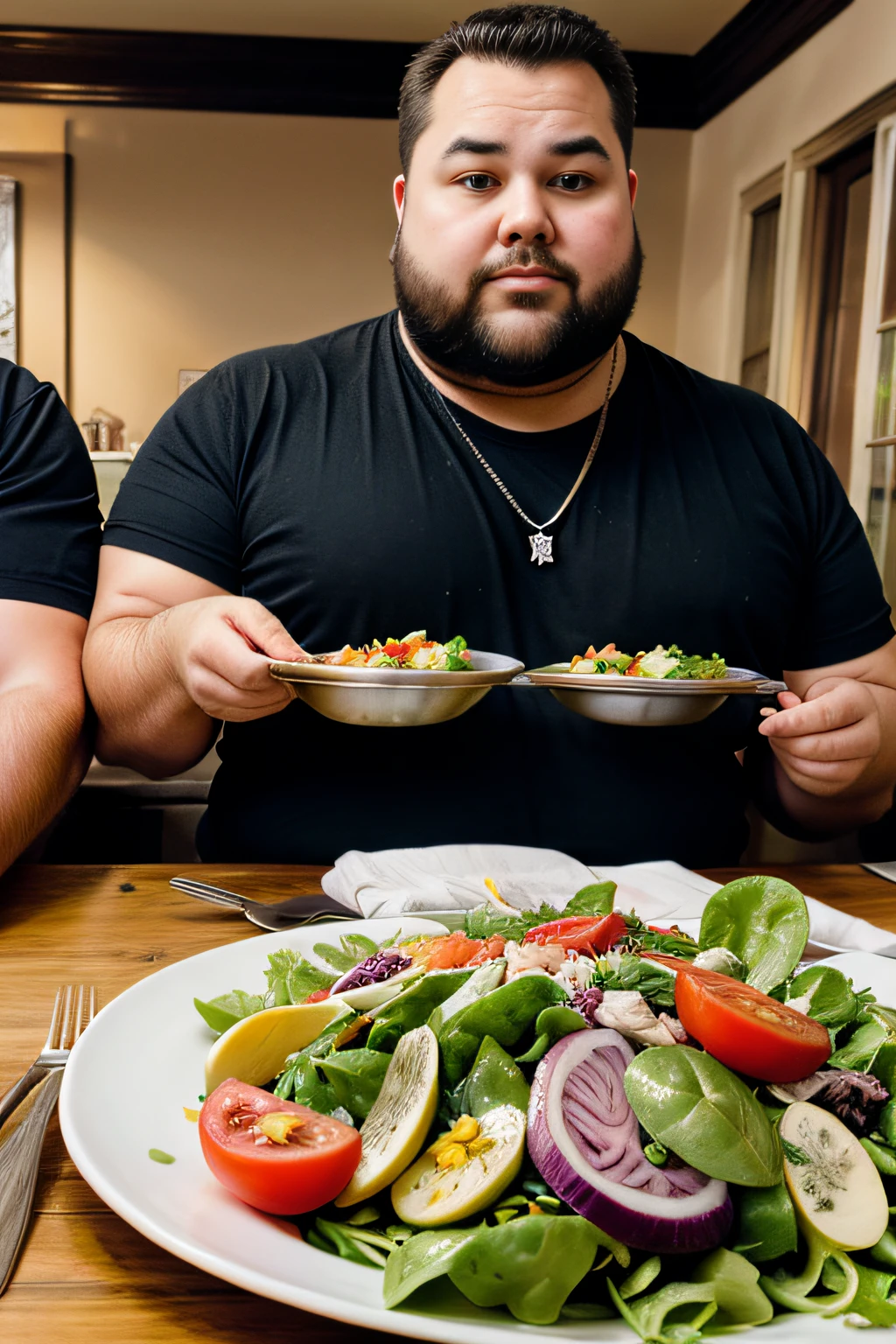 A young, overweight blonde woman in a gym next to a muscular taco vendor.