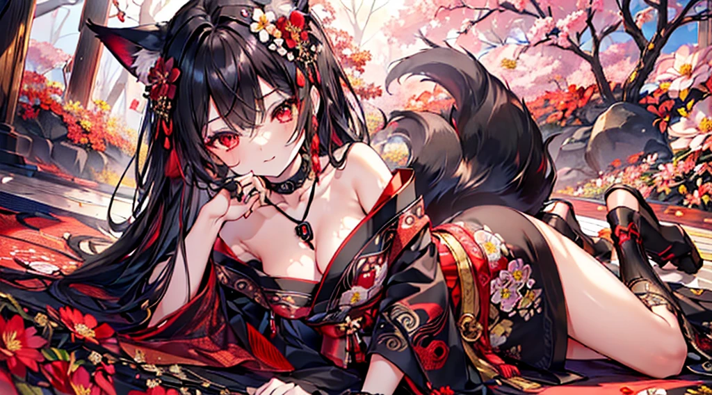 (extremely detailed CG unity 8k wallpaper), (((ultra-detailed))), ((extremely detailed)), (((best illustration))), best illumination, ((extremely delicate and beautiful)), ((an extremely delicate and beautiful girl)), colorful, red sakura trees, park, (((colorful flowers))), ((1 girl, solo)), {{finely detailed beautiful eyes and detailed face}}, sad expression, melancholic smile, long hair, (((black hair))), red eyes, beautiful detailed eyes, mature female, gentle, slender, medium breast, black red fox ears, (black red fox tail), (((intricate details))), (Black and red knee-length kimono dress), medium height black boots, ((black choker with red pendent)), lycoris flower birthmark on neck, lay down, bishoujo, 19_years_old,