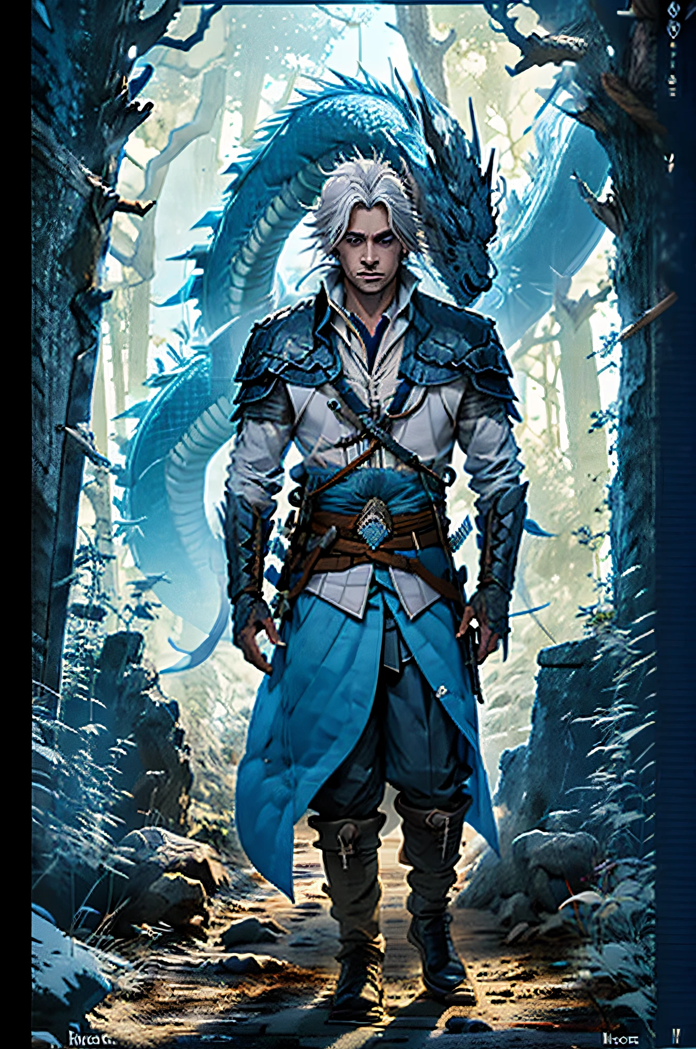 young male, solo, short spikey white hair, glowing blue eyes, blue assassin, holding weapon, assassin, highest quality, standing in a mystical forest, dragon in the background