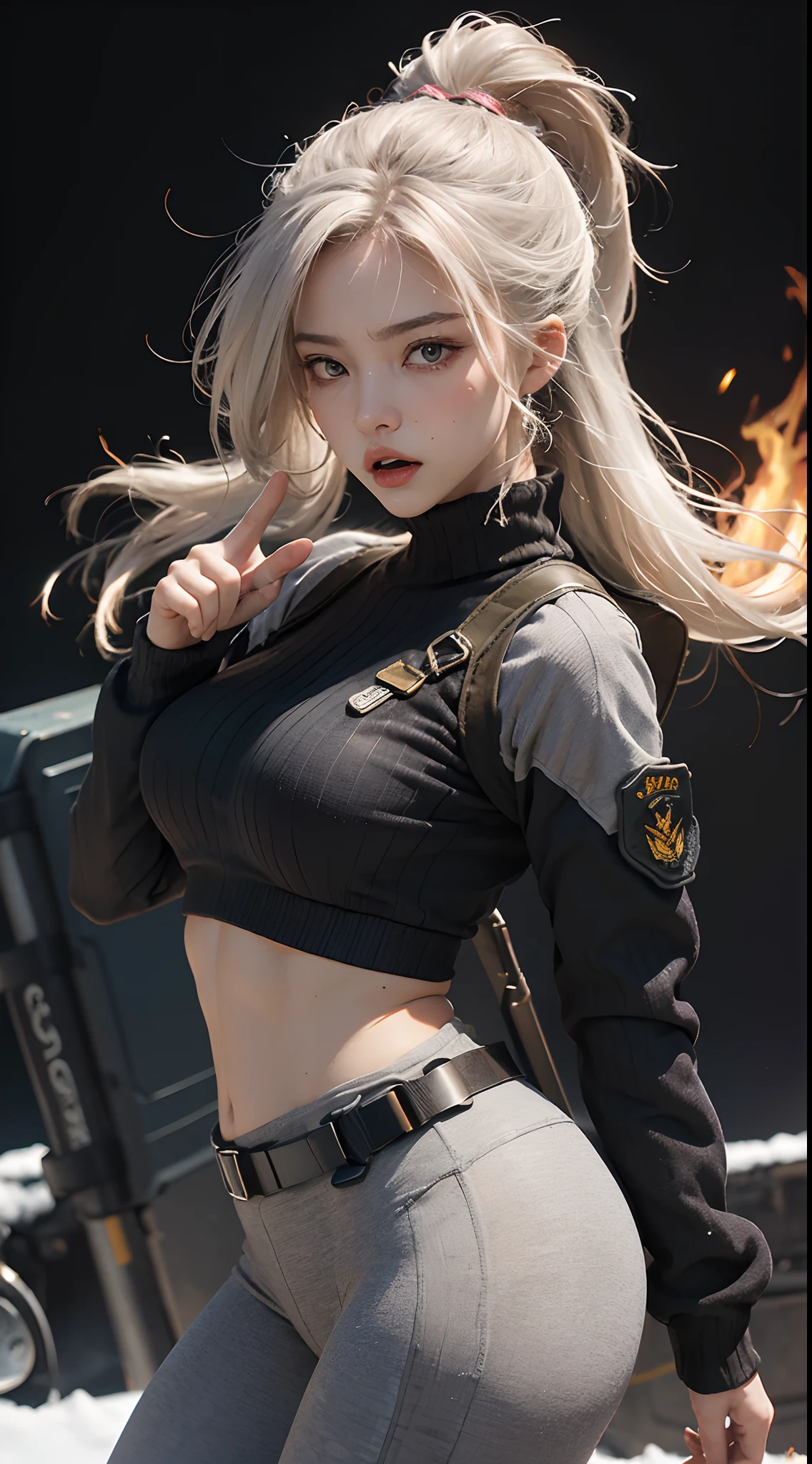 (Highest image quality, outstanding details, ultra-high resolution), 1 girl, suit((futuristic military outfit inspired by animal fur coat and yoga pants, military harness, military gears such as pouches)), (glamour body, curvy body, buffed and muscular body, tight abs), background(warfare background including explosion and flame), (open mouth and shout out for war cry, angry expression, aggressive expression, pointing to a direction, advancing forward, dynamic pose), white hair, cowboy shot, low angle,
