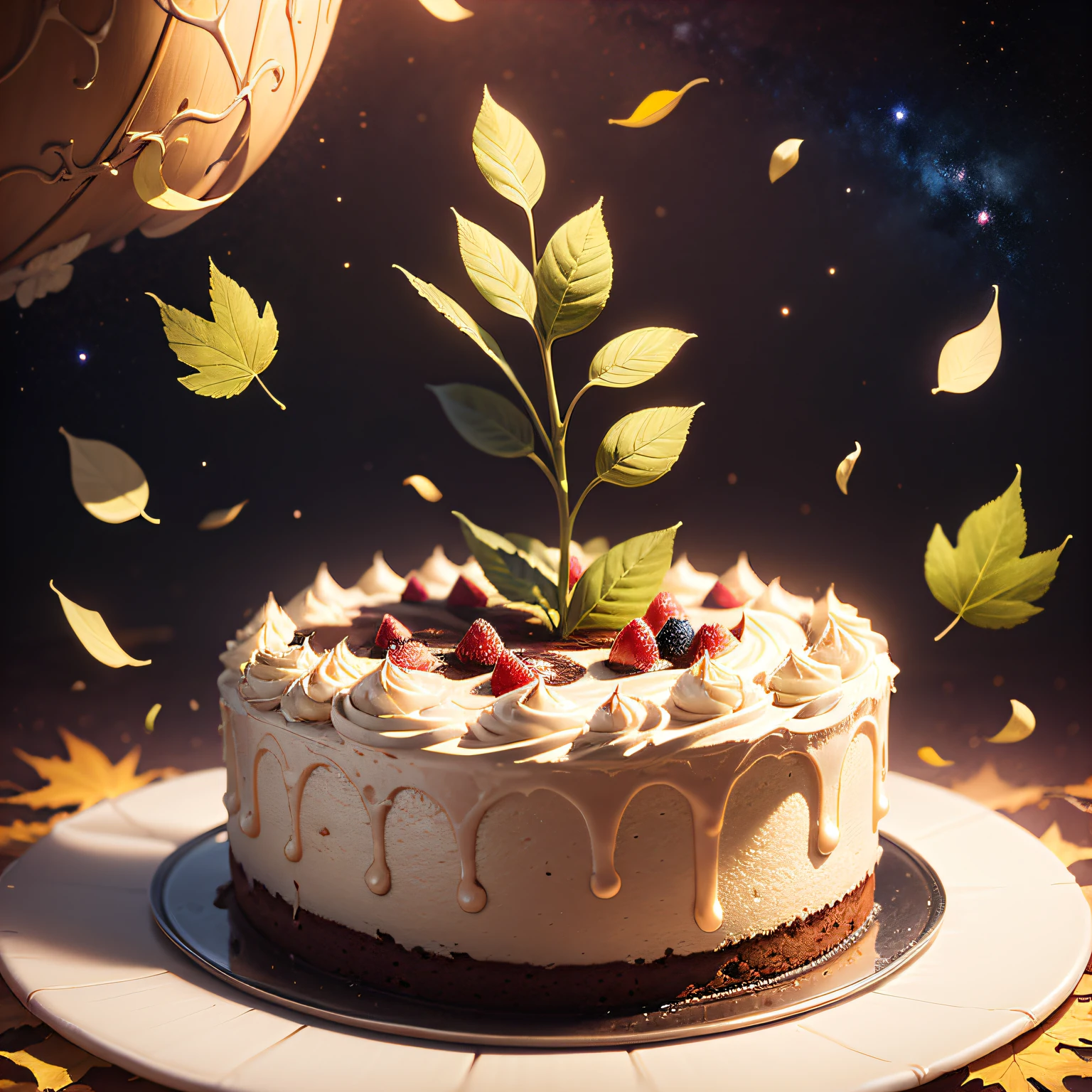 Cake with a capiva top, space background, leaf in the corners, draon --auto