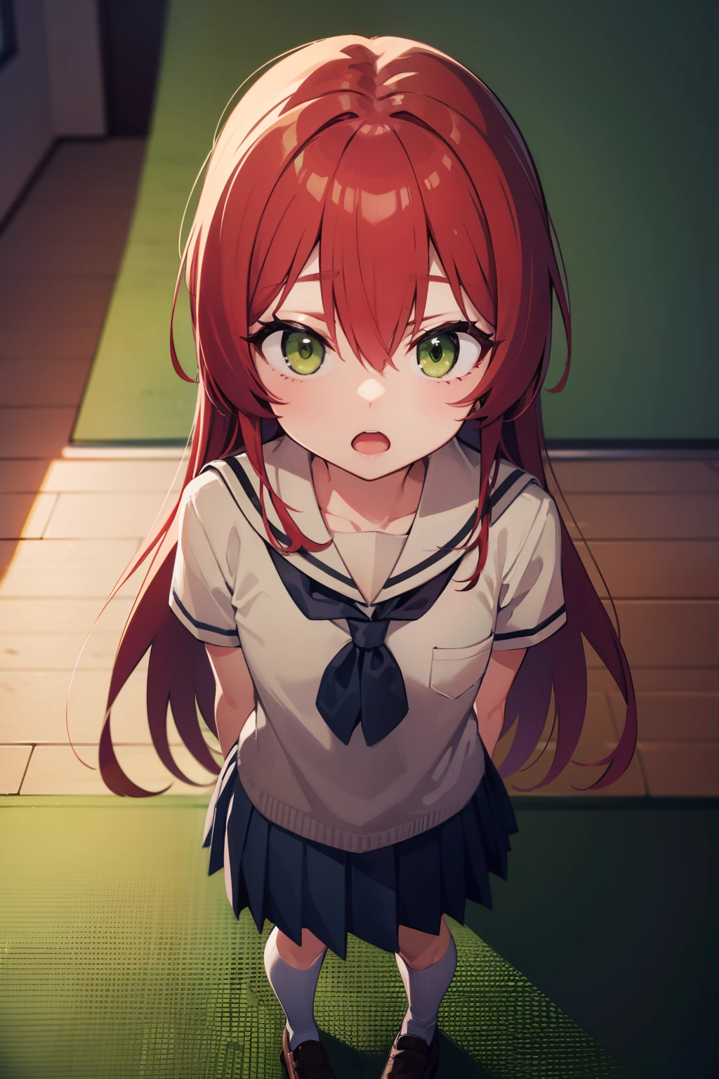 kitaikuyo, ikuyo kita, (green eyes:1.5), hair between eyes, long hair, one side up, red hair, (flat chest:1.2),
BREAK black footwear, black skirt, grey sailor collar, pleated skirt, sailor collar, school uniform, shoes, short sleeves, shuka high school uniform, skirt,,
BREAK looking at viewer,
BREAK indoors, classroom,
BREAK (masterpiece:1.2), best quality, high resolution, unity 8k wallpaper, (illustration:0.8), (beautiful detailed eyes:1.6), extremely detailed face, perfect lighting, extremely detailed CG, (perfect hands, perfect anatomy),up chest.big breasts.Sad face.look from above.open mouth.