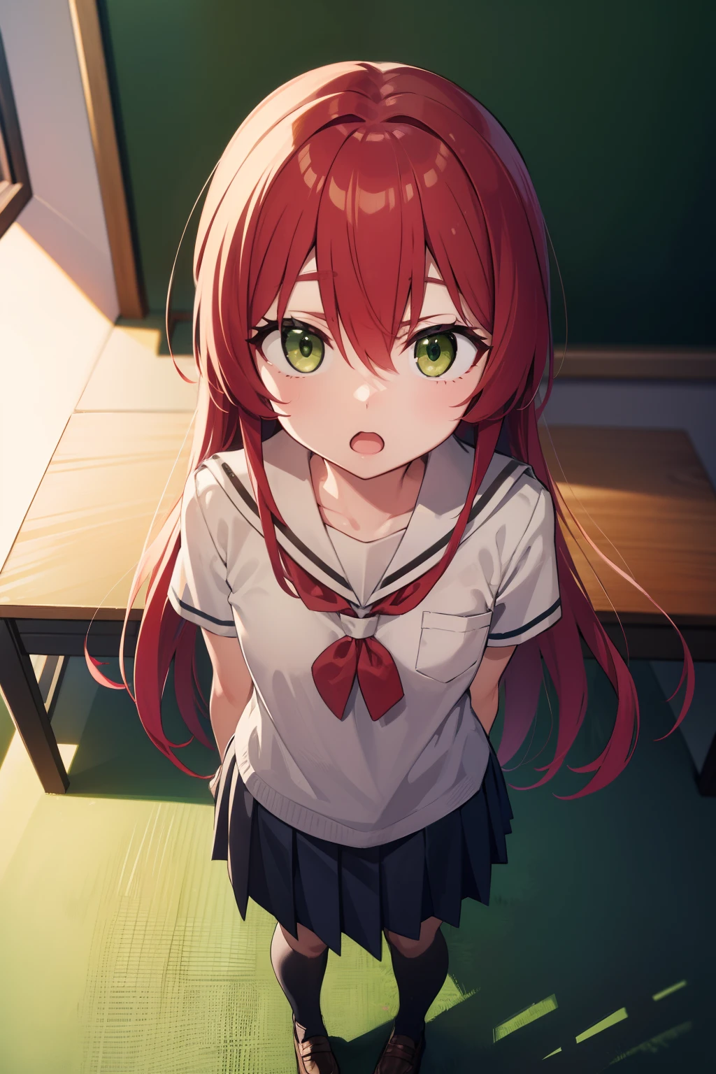kitaikuyo, ikuyo kita, (green eyes:1.5), hair between eyes, long hair, one side up, red hair, (flat chest:1.2),
BREAK black footwear, black skirt, grey sailor collar, pleated skirt, sailor collar, school uniform, shoes, short sleeves, shuka high school uniform, skirt,,
BREAK looking at viewer,
BREAK indoors, classroom,
BREAK (masterpiece:1.2), best quality, high resolution, unity 8k wallpaper, (illustration:0.8), (beautiful detailed eyes:1.6), extremely detailed face, perfect lighting, extremely detailed CG, (perfect hands, perfect anatomy),up chest.big breasts.Sad face.look from above.open mouth.