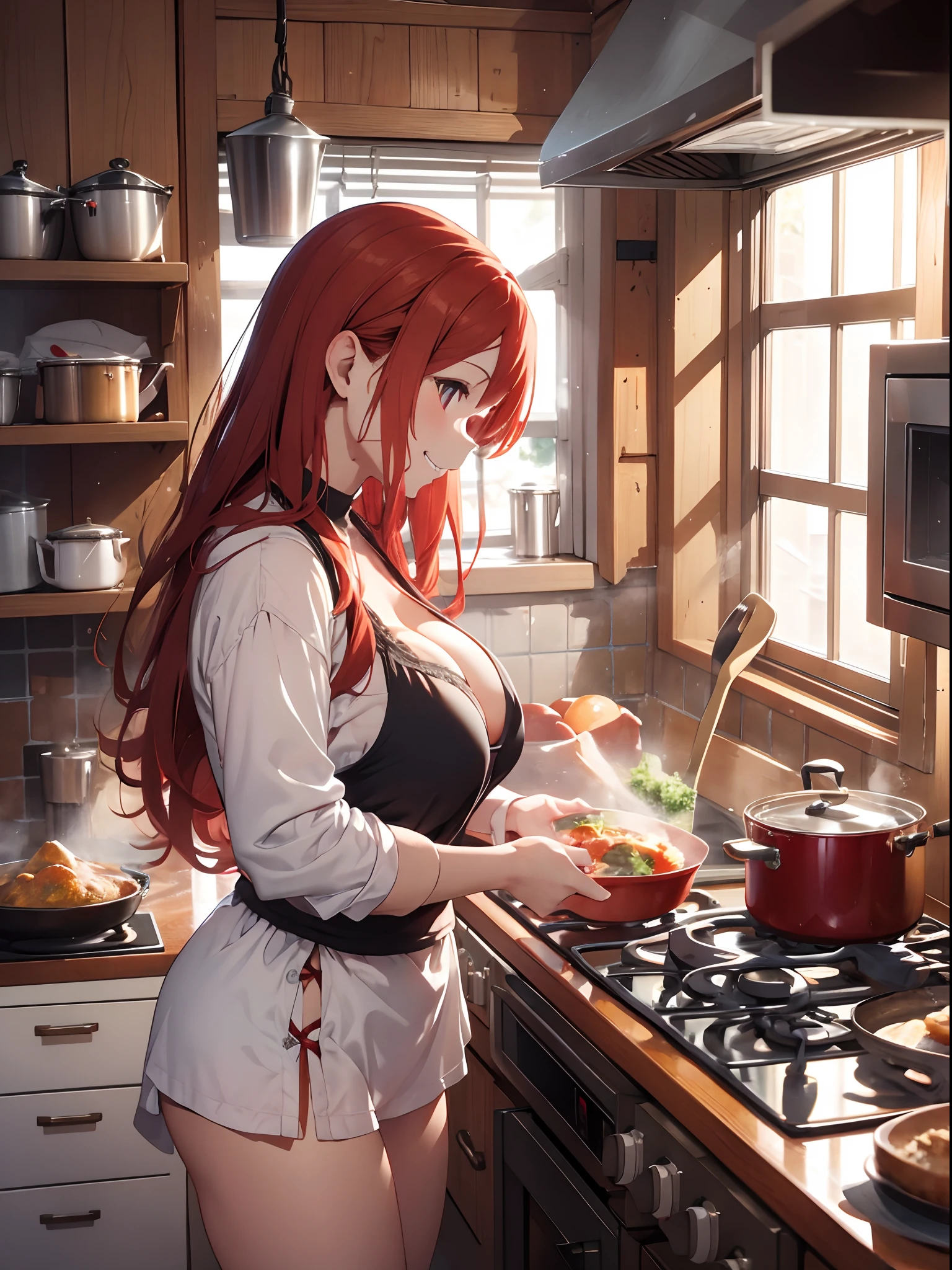 8K, RAW, Warm tones, warm lighting, warm color, long red hair, side view, wearing mens shirt and panties, she has medium size breasts and cleavage, cooking in a cozy kitchen, food is cooking in pots and pans and steaming, Dynamic Styles, smile standing at the stove