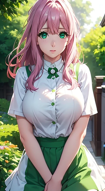 Cute girl,big sized boobs, green colour clothes, white apron, green eyes and pink hair, short skirt, ultra realistic eyes , sunlight and garden background, bright purple eyes, ultra realistic 8k detailed eyes, innocent eyes, looking at camera, beautiful face,pink colour hair, long hair,