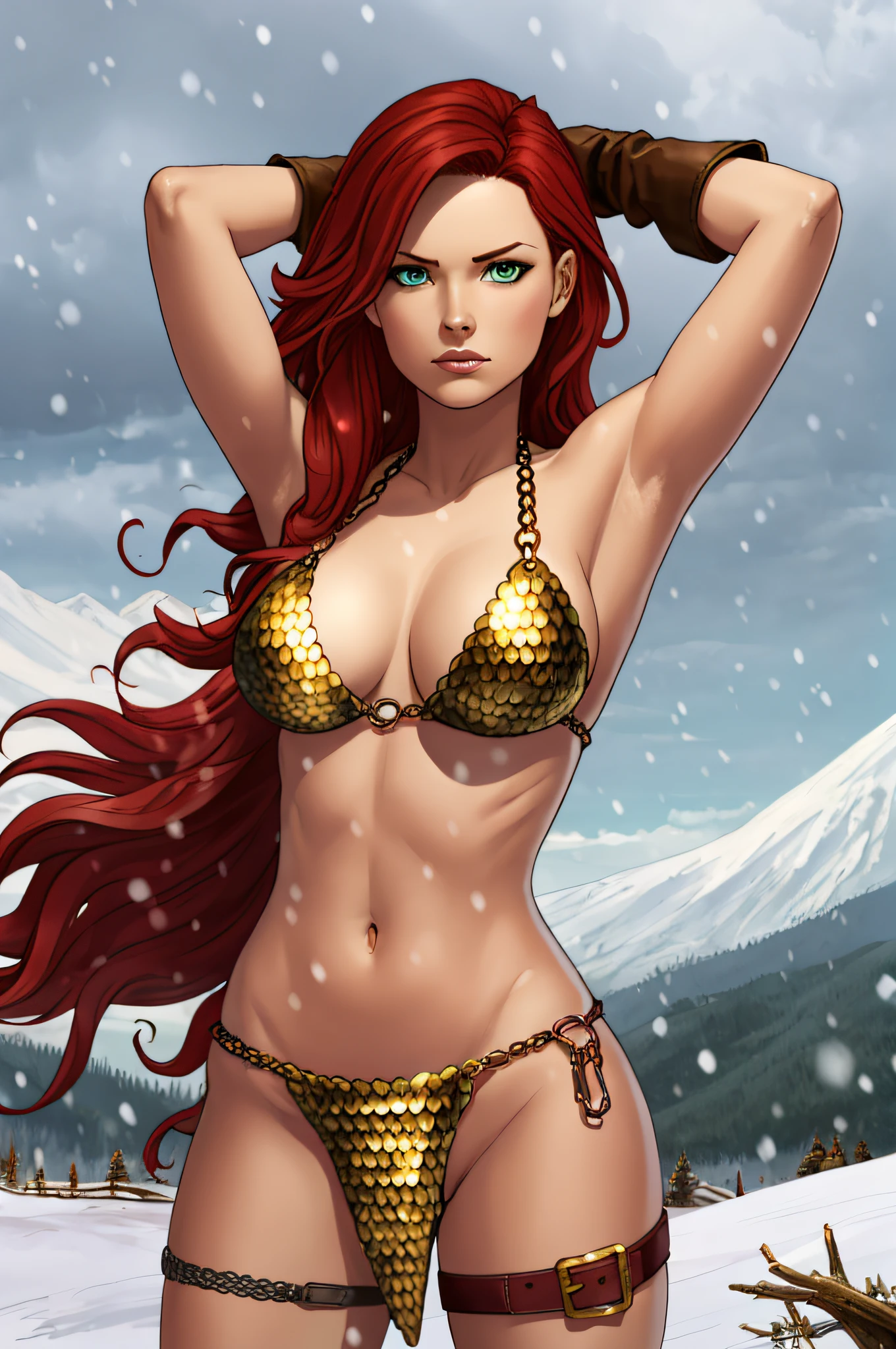 red hair, long red hair, thigh strap, armor, chainmail, armored bikini, brown gloves, rsonj, green eyes, showing armpits, raised arms, arms up, arms behind head, posing, solo, masterpiece, armpits, chainmail bikini, groin, snowy background, freezing atmosphere, gold armbands, perfect proportions