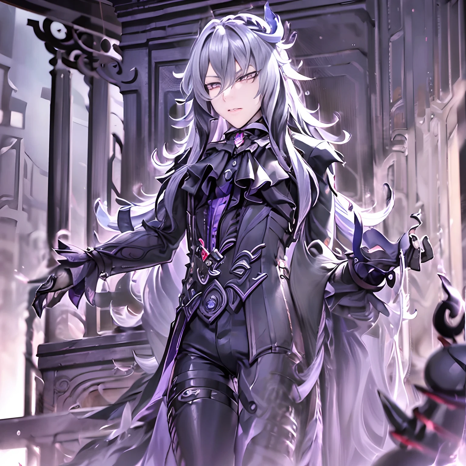 masterpiece, best quality, Neuvillette, ((1boy,Solo)),long hair,grey hair,multicolored hair,feather hair ornament, purple eyes, jewelry,ascot,long sleeves, shirt,gloves, black pants, (( Neuvillette Corrupted by Darkness)),(dark_persona_lora),(Gothic Attire))