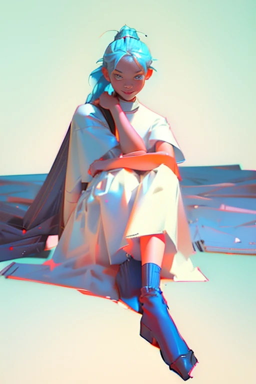 Young girls，double-ponytail，Pale blue hair，red color eyes，JK school uniform，solo person，Maid skirt，white stockings，White knee-length socks，Suspenders，looking to the camera，in a panoramic view，Lying on the couch，Five black males，White T-shirt，denim pant，Smiling at the girl，Masterpiece，Best quality，Japanese style binding，tatami mats，bedroom background，4k，Outstanding work。