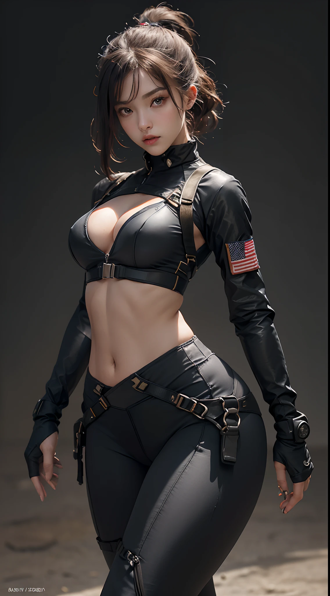 (Highest image quality, outstanding details, ultra-high resolution), 1 girl, suit((futuristic military outfit inspired by bike suit and yoga pants, military harness, military gears such as pouches)), (glamour body, curvy body, buffed and muscular body, tight abs), background(in the military base), (random expression, dynamic pose)