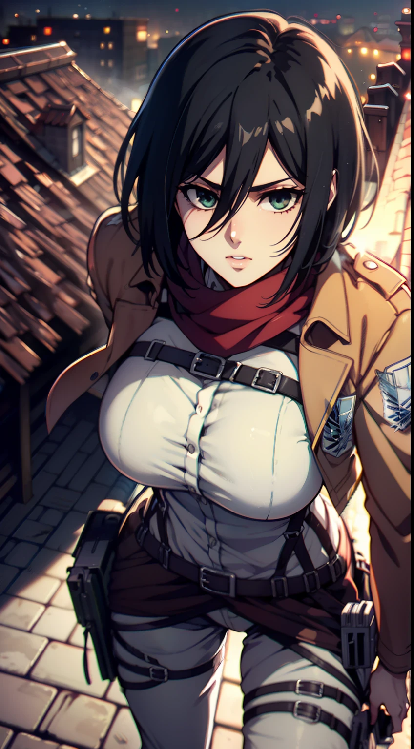 Frame from below, Photo below, view from bottom, Sexy, combat stance, half naked, shirt unbuttoned, Hesitate, Erotica, Super Epic Composition, aot style, Shingeki no Kyojin, mikasa ackerman, 1girl, in full height (Body Full 1.1), Hand strap, quiff, black  hair, Black pants, 가슴, green colored eyes, Hair between the eyes, turnstile, long sleeves, looks at the viewer, Average Breasts,, breeches, red scarf, a scarf, Shirt, Short Hair Hair, Roof of the city, roof, Sun, In the air, Holds blades in his hands, jump, Smoke, 独奏, hip belt, white  shirt, Scientific Research Building \(Emblem\), ((tmasterpiece)), beste-Qualit, Sex, hooligan, waist, legsupms, buttocks, 가슴, (Body Full 1.1), Camera from above, Frame from above, the night, Lights, looks at the viewer, ssmile, grin, criminal, laughting, Cool anime 8K, Clean and detailed anime art, 4K Manga Wallpapers, Подробный портрет Anime Girl, Anime 4K Style, Anime Art Wallpapers 4K, Anime Art Wallpaper 4K Masterpiece, Gorgeous, Best Quality,