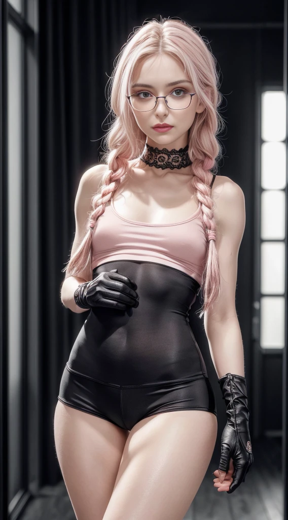 (8K, Masterpiece, RAW photo, Best quality, detail:1.3), (ultra realistic:1.4, scenary, 8K), Depth of field, Cinematic light, (ultra realistic face), 1girl, (Beautiful and elegant Russian girl), (ultra tight pink minishorts:1.4), (skinny girl with glasses), (European face:1.3), (natural abs:1.2), (full body:1.3), (tight black minitop:1.3), (small necklace, collarbone:1.1), (plaits hair), (ultra detailed skin:1.4), (soft fabric minishorts:1.2), (tight gloves), (soft fabric minitops:1.1)